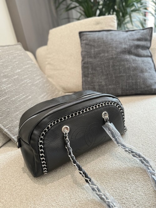 Chanel Black Leather Bowling Bag with Silver-Tone Hardware, 33 x 15 x 16 cm 1 Chanel Black Leather Bowling Bag with Silver-Tone Hardware, 33 x 15 x 16 cm