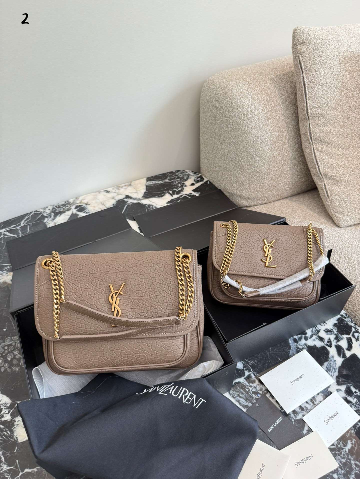 Yves Saint Laurent Niki Baby Chain Bag in Taupe Grain de Poudre Leather