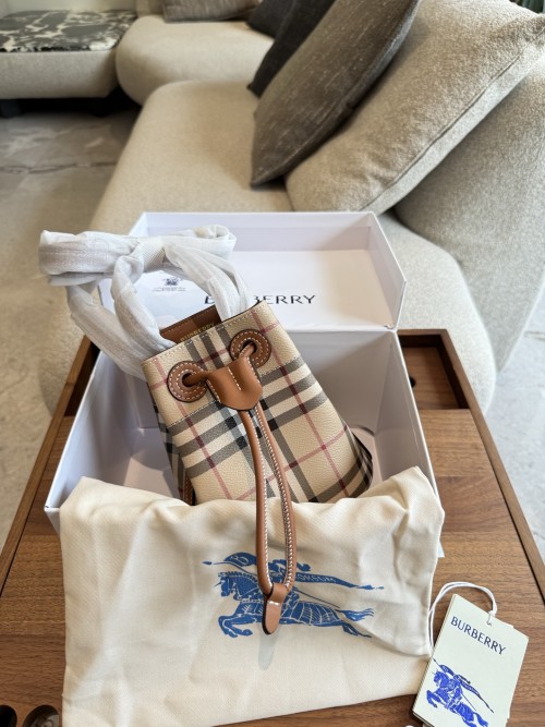 Burberry Cotton Blend Bucket Bag Crossbody with Check Pattern - Stylish