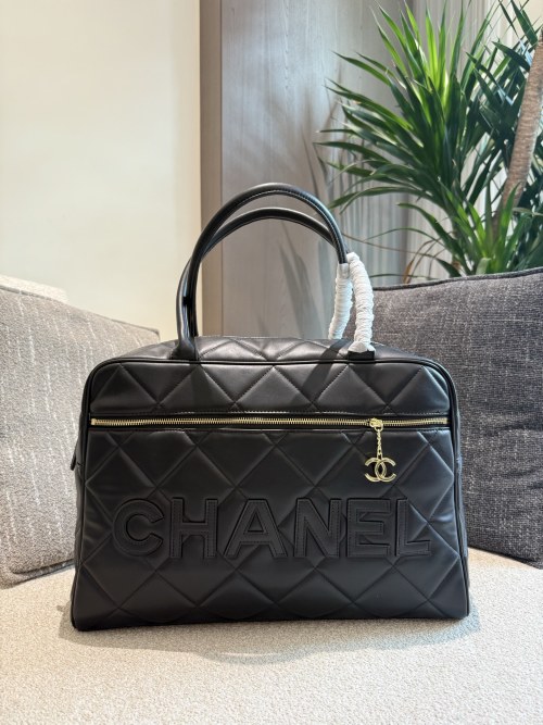 Chanel Vintage Bowling Bag, Jennie Style, Travel Duffle, Black Leather, 40cm 1 Chanel Vintage Bowling Bag, Jennie Style, Travel Duffle, Black Leather, 40cm