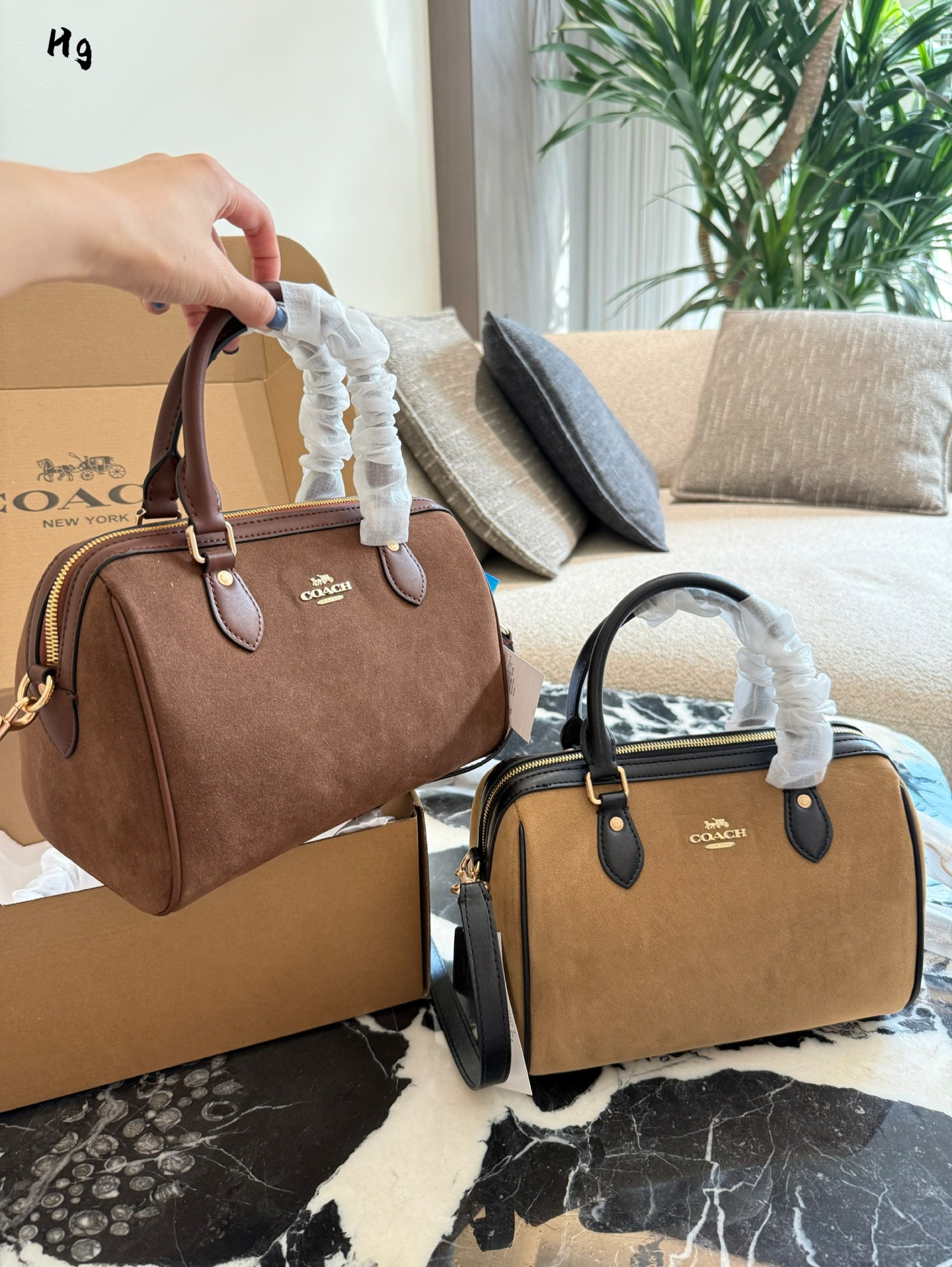 Coach Rowan Bolso Boston de Gamuza Marrón Retro, Bolso Cruzado y de Mano