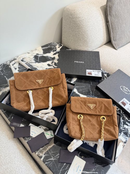 Prada Suede Shoulder Bag With Diamond Pattern, Golden Brown, 25 x 21 x 5 cm 1 Prada Suede Shoulder Bag With Diamond Pattern, Golden Brown, 25 x 21 x 5 cm