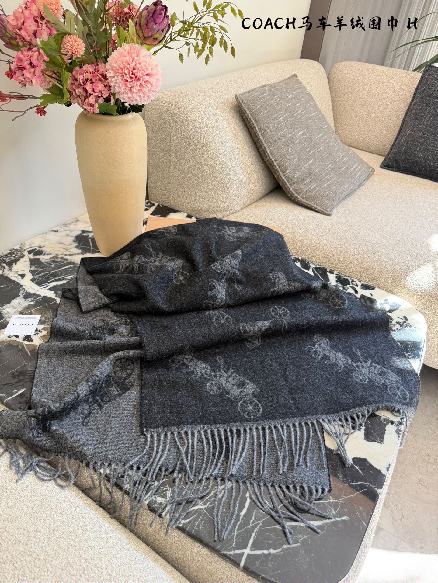p225
COACH新款马车羊绒围巾，采用100%高原羊绒，手感柔软滑糯，保暖性超赞!水波纹渐变设计+精致穗边，优雅又有质感十。尺寸70x200cm，含穗边，搭配多种穿搭都很出彩。身份感满满甲。高端定位，皇室御用，秋冬季节必备，奢华又实用!配盒子