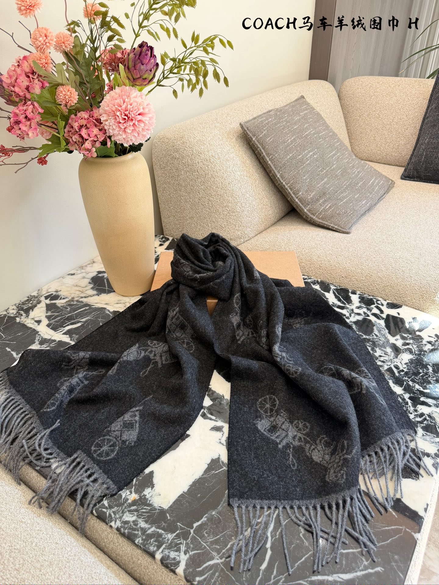 p225
COACH新款马车羊绒围巾，采用100%高原羊绒，手感柔软滑糯，保暖性超赞!水波纹渐变设计+精致穗边，优雅又有质感十。尺寸70x200cm，含穗边，搭配多种穿搭都很出彩。身份感满满甲。高端定位，皇室御用，秋冬季节必备，奢华又实用!配盒子