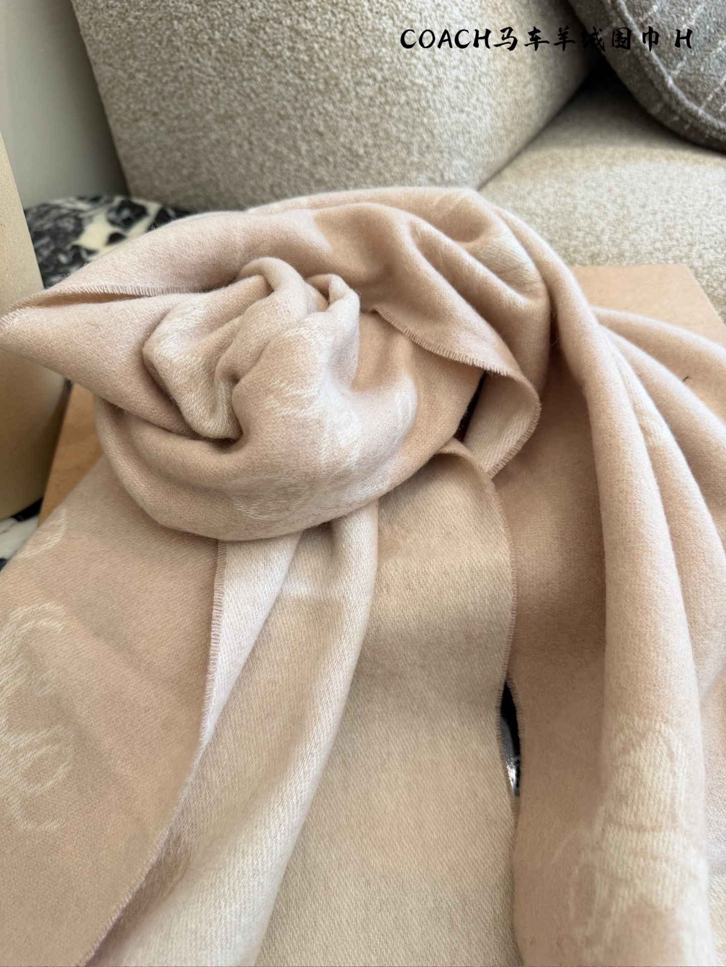 p225
COACH新款马车羊绒围巾，采用100%高原羊绒，手感柔软滑糯，保暖性超赞!水波纹渐变设计+精致穗边，优雅又有质感十。尺寸70x200cm，含穗边，搭配多种穿搭都很出彩。身份感满满甲。高端定位，皇室御用，秋冬季节必备，奢华又实用!配盒子