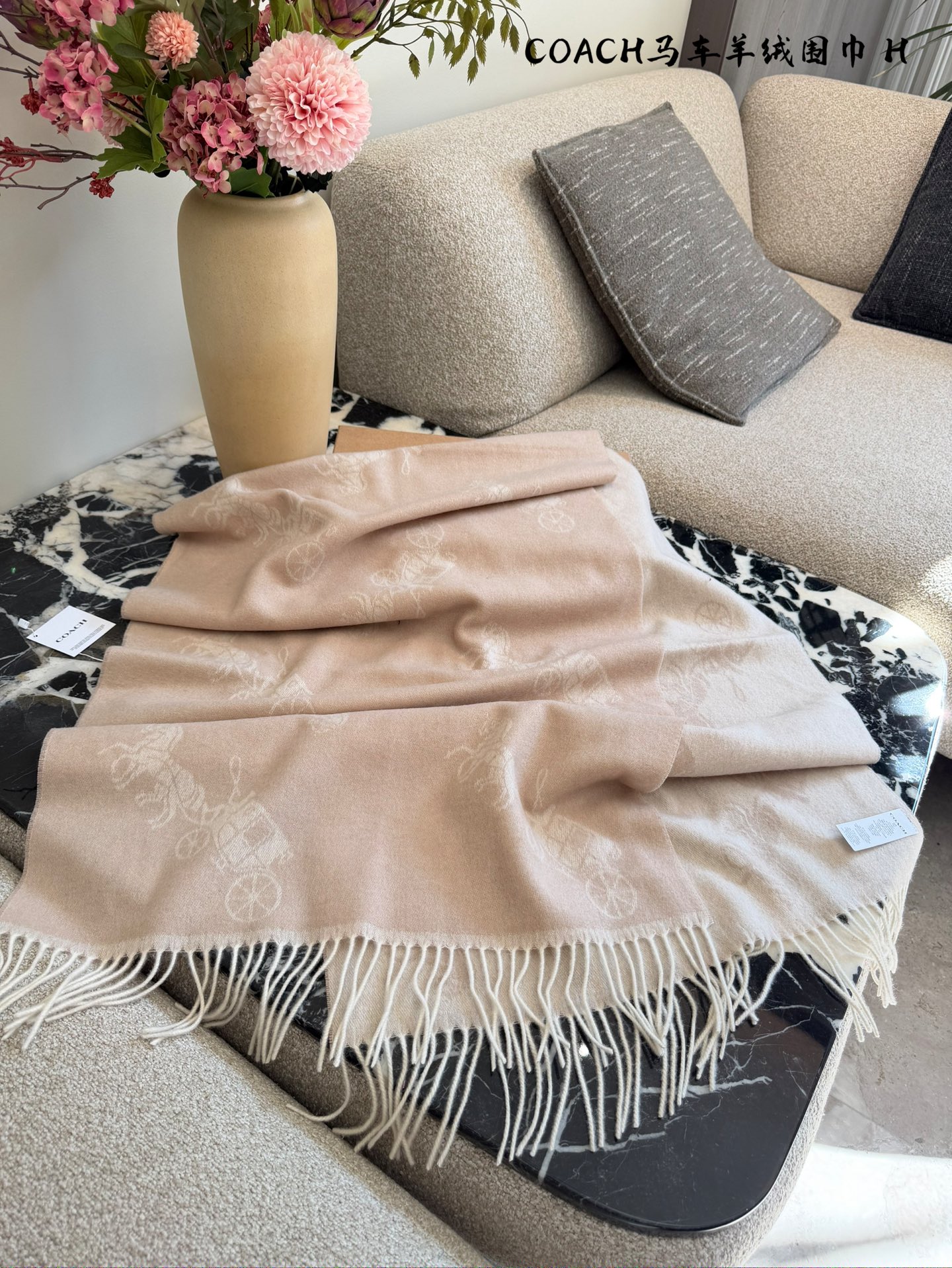 p225
COACH新款马车羊绒围巾，采用100%高原羊绒，手感柔软滑糯，保暖性超赞!水波纹渐变设计+精致穗边，优雅又有质感十。尺寸70x200cm，含穗边，搭配多种穿搭都很出彩。身份感满满甲。高端定位，皇室御用，秋冬季节必备，奢华又实用!配盒子