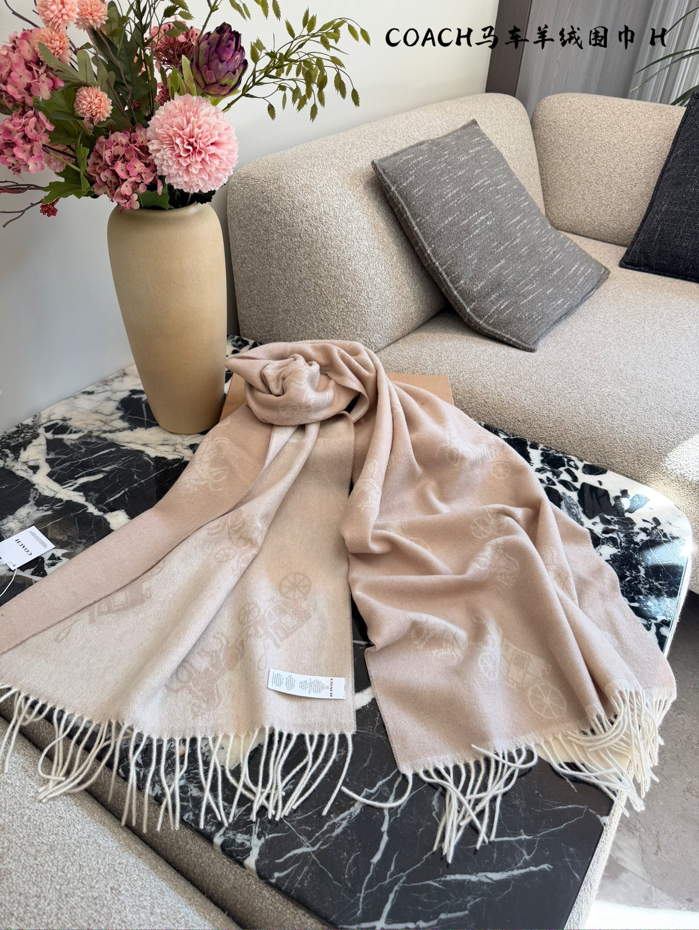 p225
COACH新款马车羊绒围巾，采用100%高原羊绒，手感柔软滑糯，保暖性超赞!水波纹渐变设计+精致穗边，优雅又有质感十。尺寸70x200cm，含穗边，搭配多种穿搭都很出彩。身份感满满甲。高端定位，皇室御用，秋冬季节必备，奢华又实用!配盒子