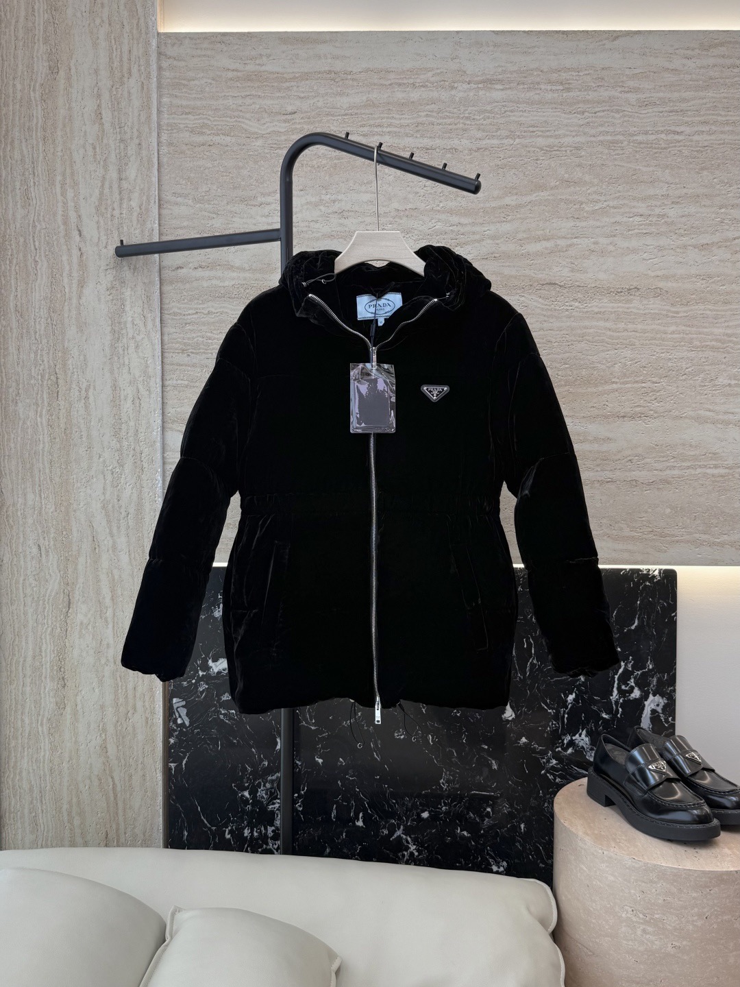 Nueva chaqueta de plumón PR con logo triangular de terciopelo 90% plumón de ganso blanco chaqueta de plumón de manga la…