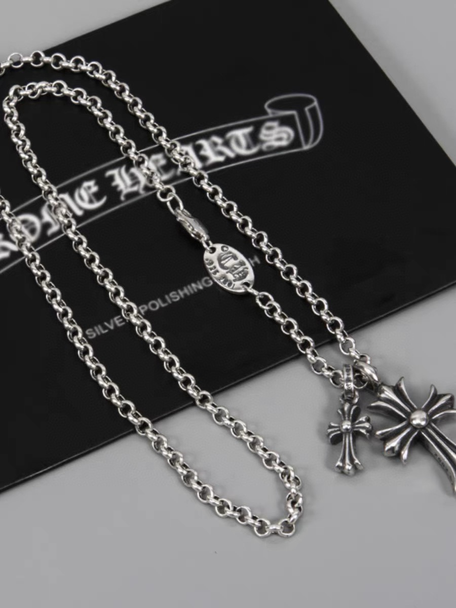 Chrome Hearts 925 Sterling Silver Double Cross Pavé Pendant Necklace - Comprehensive 5