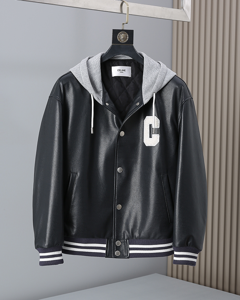 Celine Black C Patch Hooded Varsity Jacket