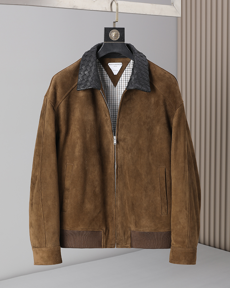 Bottega Veneta Brown Contrast Collar Zip Jacket
