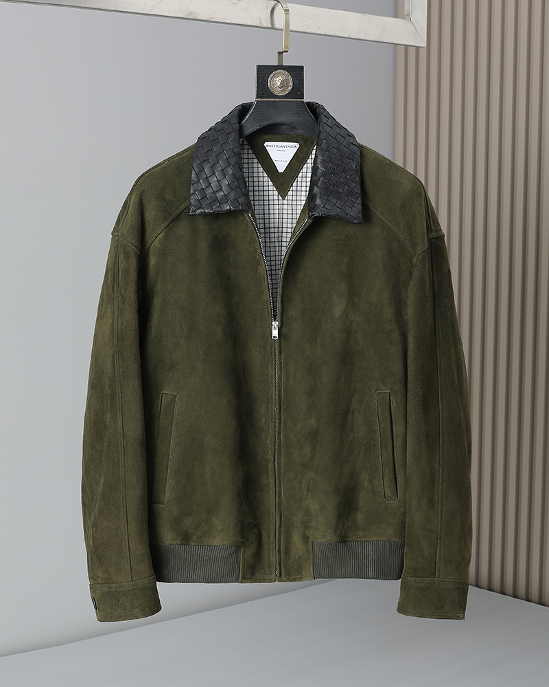 Bottega Veneta Olive Contrast Collar Zip Jacket