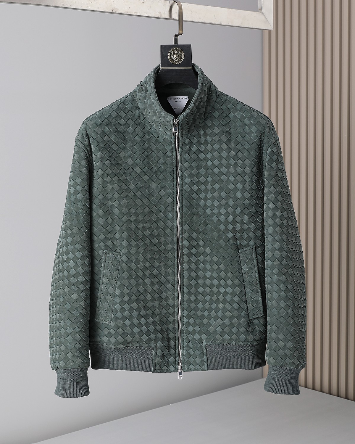 Bottega Veneta Green Woven Zip Bomber Jacket