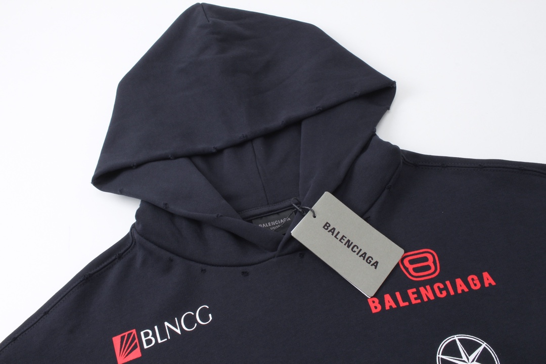 Balenciaga/巴黎世家 25ss 多标印花连帽卫衣 白色 深蓝灰