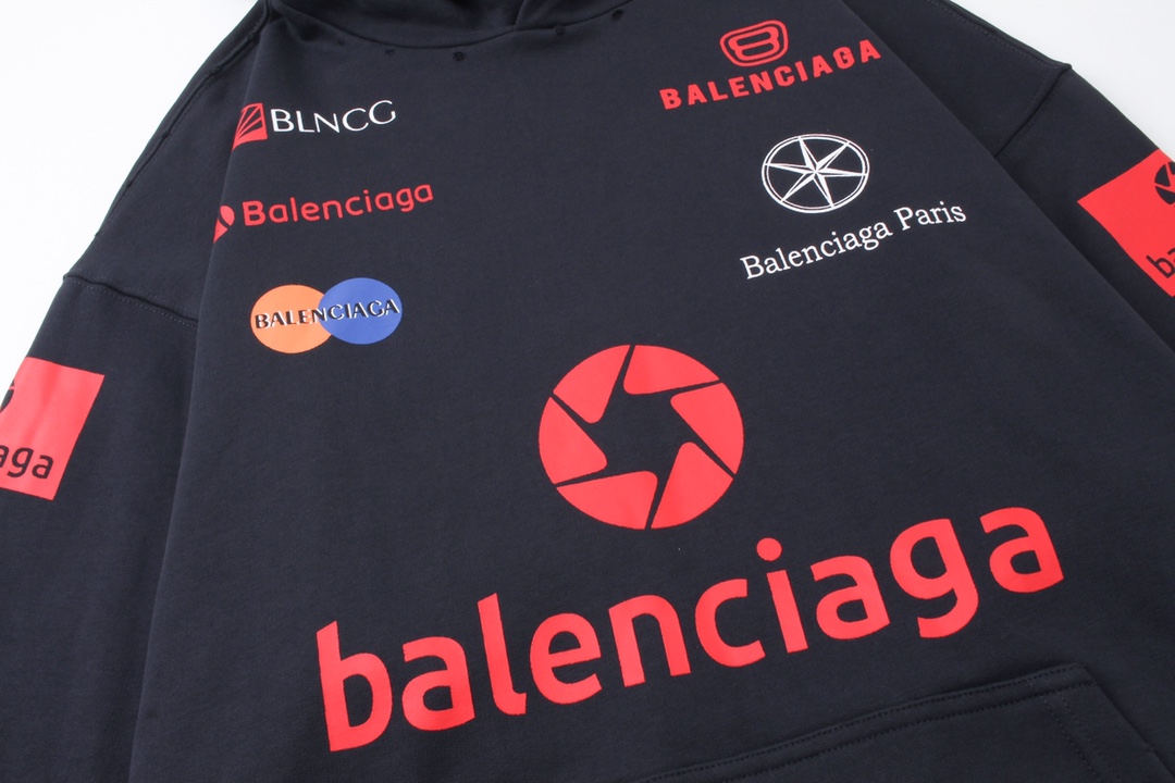 Balenciaga/巴黎世家 25ss 多标印花连帽卫衣 白色 深蓝灰