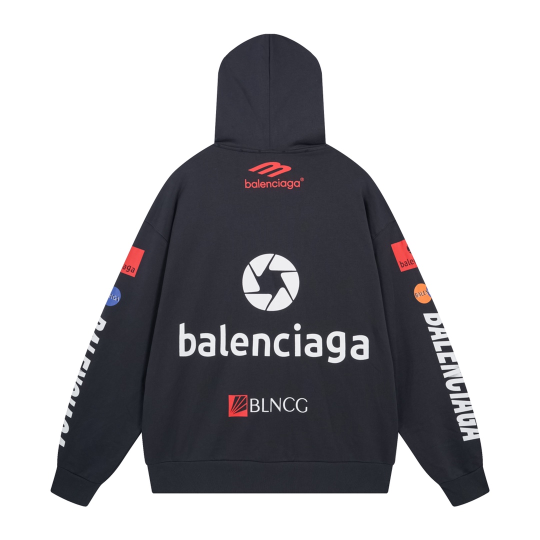 Balenciaga/巴黎世家 25ss 多标印花连帽卫衣 白色 深蓝灰