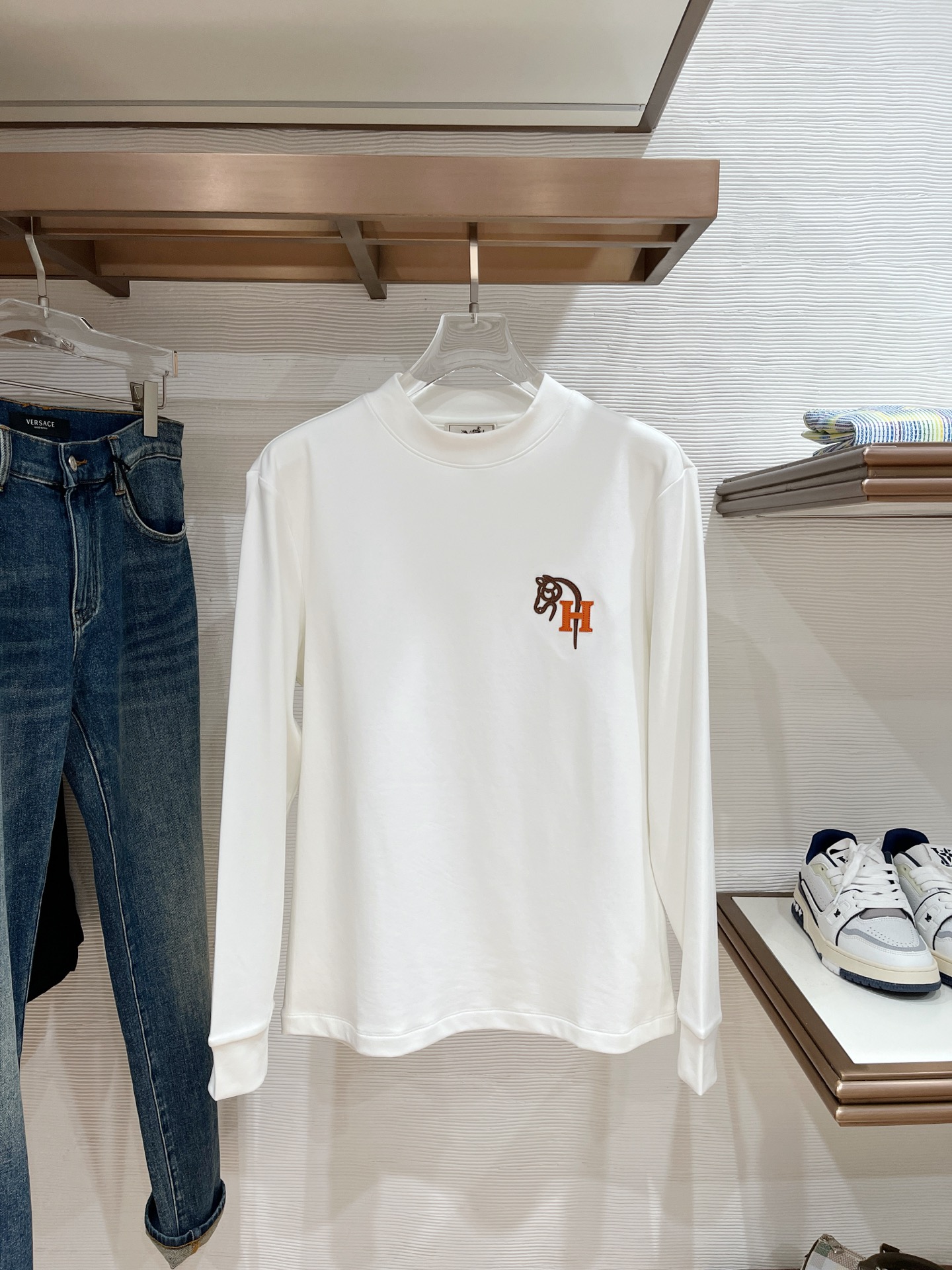 Hermes White Horse Logo Long Sleeve Top