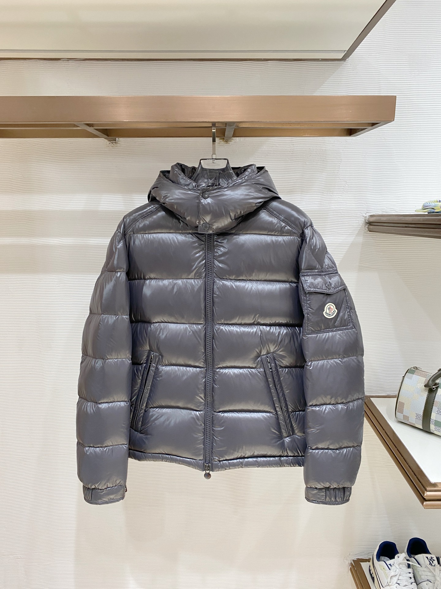 Moncler Gray Glossy Hooded Puffer Jacket