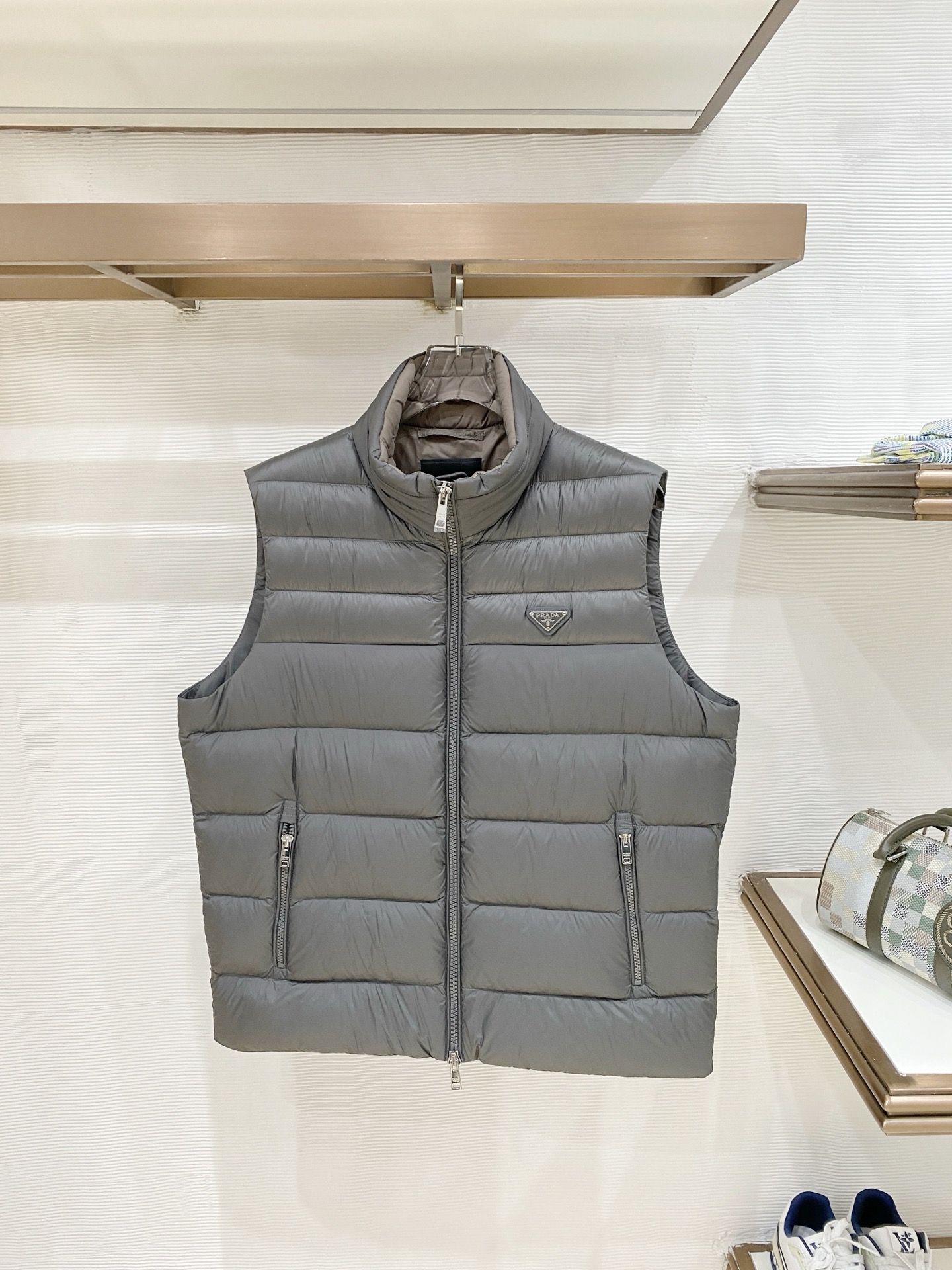 Prada Light Gray Stand Collar Puffer Vest