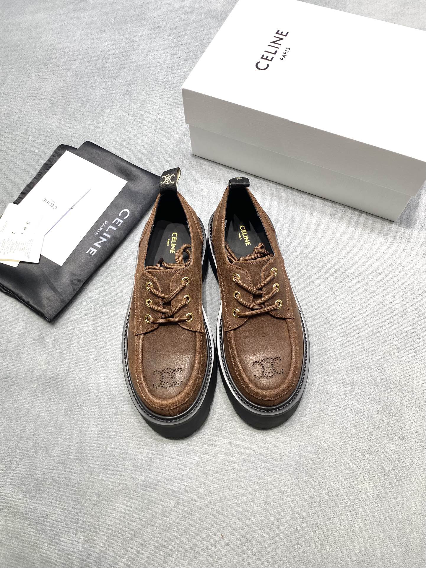 Celine Women's Brown Leather Platform Loafers Brogue Carved Lace-Up Shoes