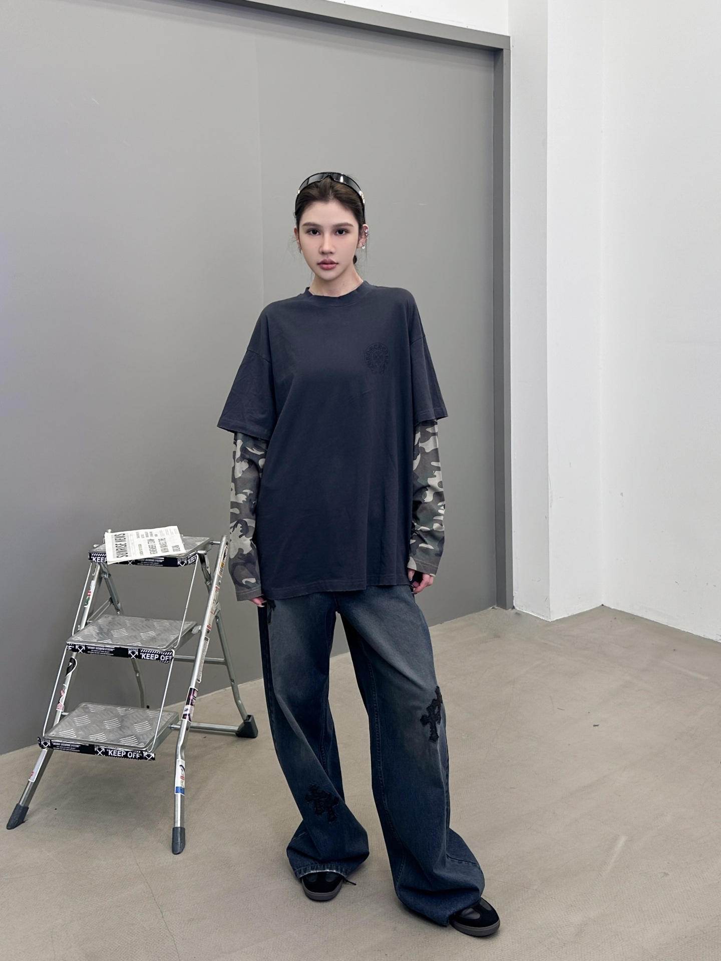 克罗心 ｜ 新款长袖打底，成衣洗水炒色印花工艺加坯布迷彩印花，假两件做工，男女同款，尺码sml