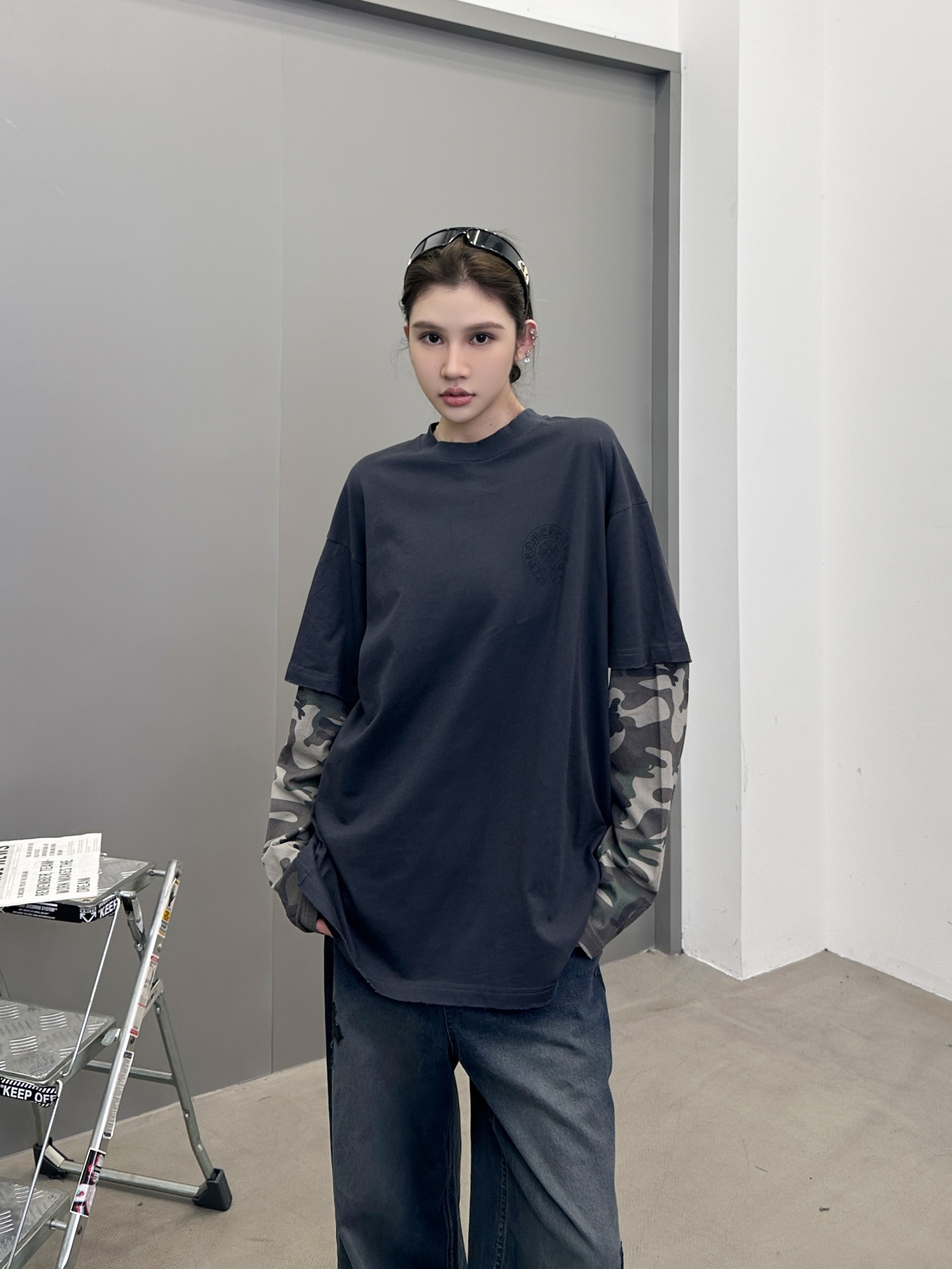 克罗心 ｜ 新款长袖打底，成衣洗水炒色印花工艺加坯布迷彩印花，假两件做工，男女同款，尺码sml