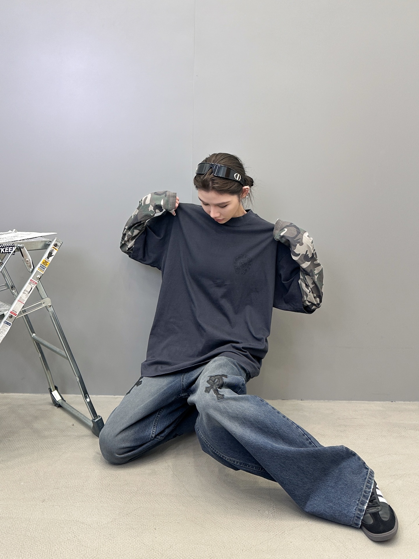 克罗心 ｜ 新款长袖打底，成衣洗水炒色印花工艺加坯布迷彩印花，假两件做工，男女同款，尺码sml