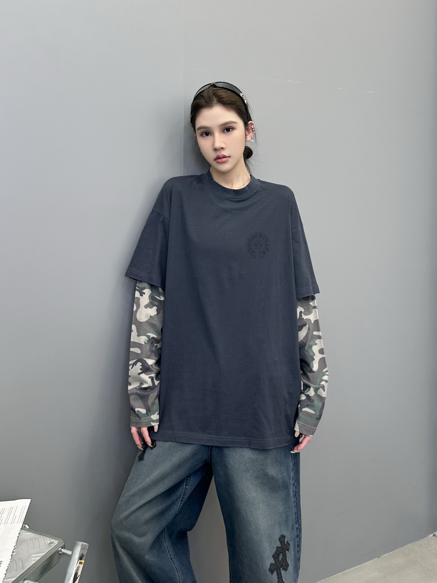 克罗心 ｜ 新款长袖打底，成衣洗水炒色印花工艺加坯布迷彩印花，假两件做工，男女同款，尺码sml