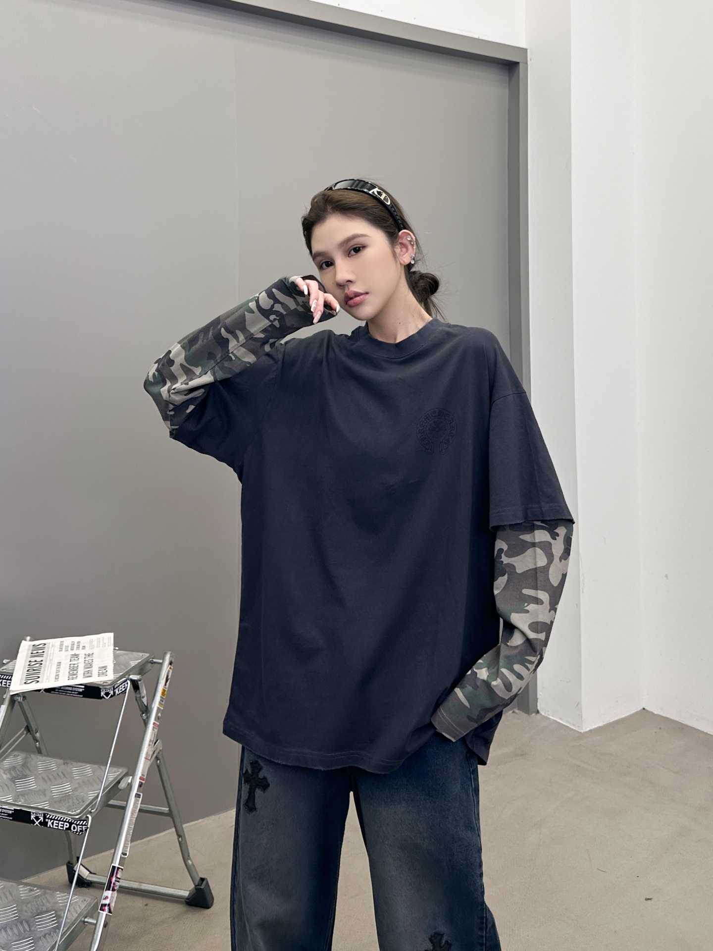 克罗心 ｜ 新款长袖打底，成衣洗水炒色印花工艺加坯布迷彩印花，假两件做工，男女同款，尺码sml