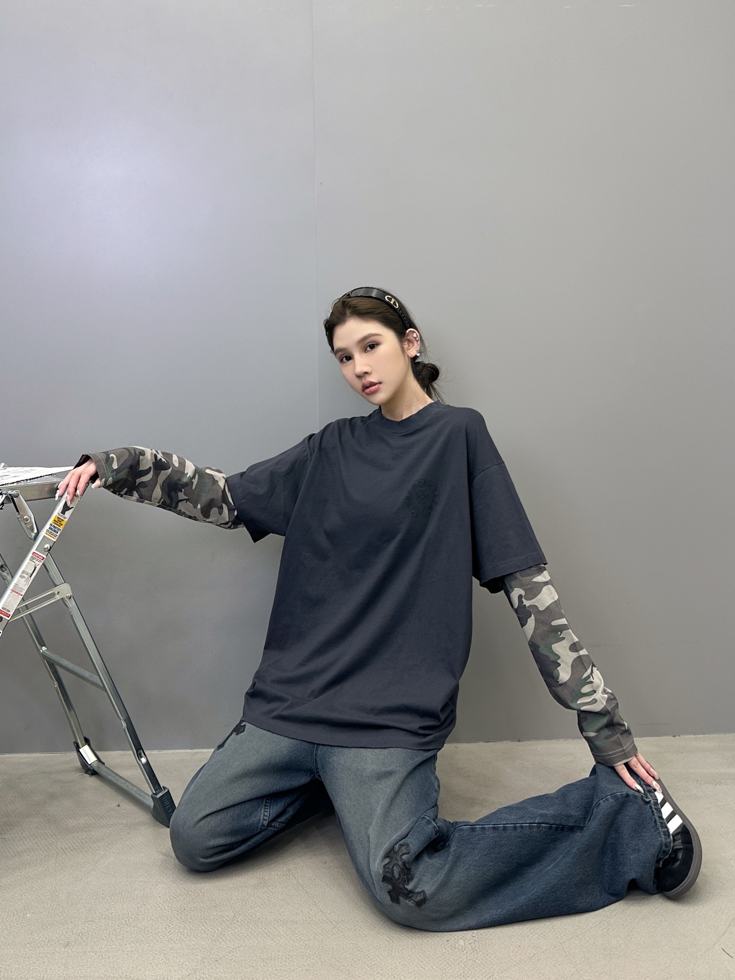 克罗心 ｜ 新款长袖打底，成衣洗水炒色印花工艺加坯布迷彩印花，假两件做工，男女同款，尺码sml