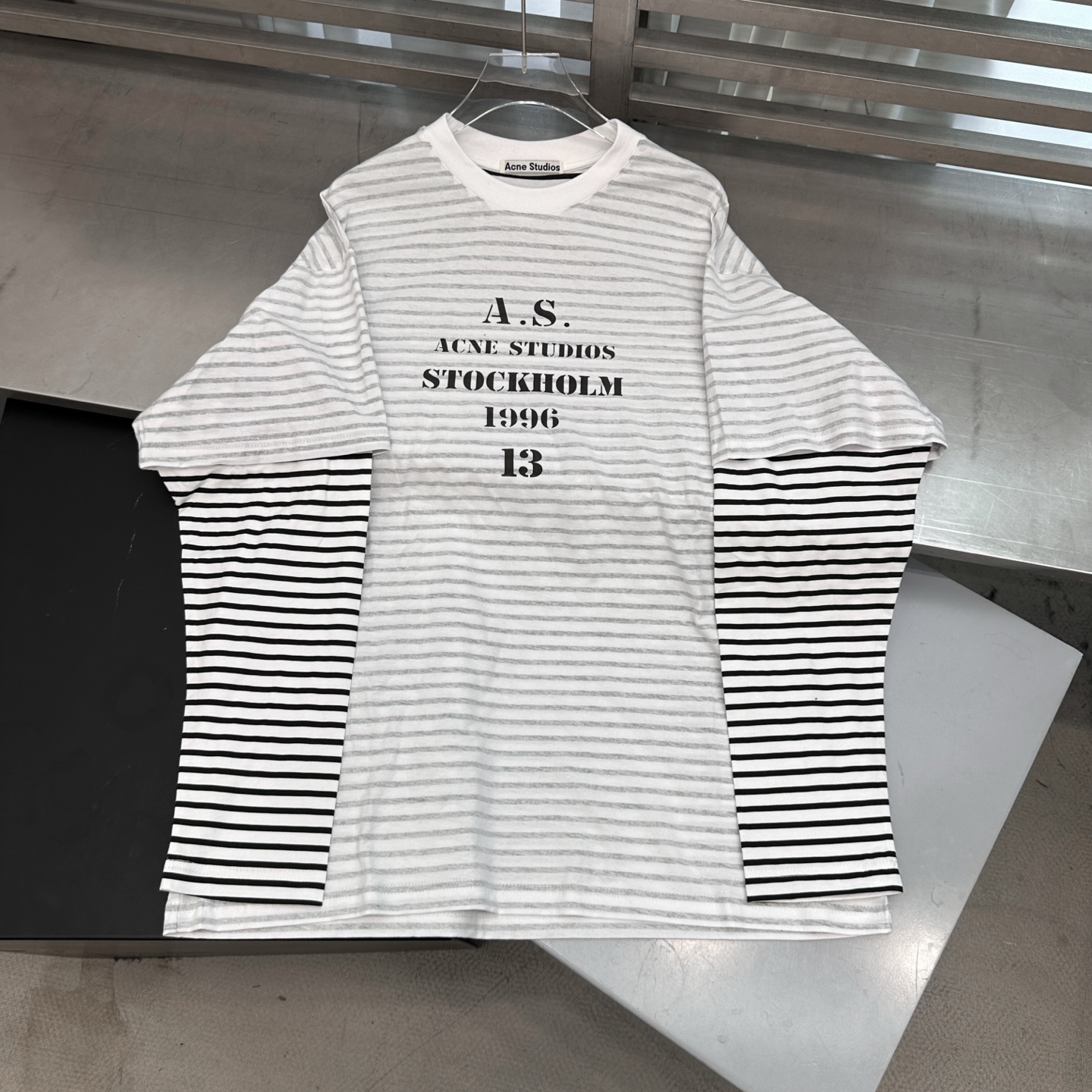 Acne ｜ 新款假两件长袖t，成衣洗水印花，坯布条纹印花工艺，假两件做工，男女同款，尺码sml