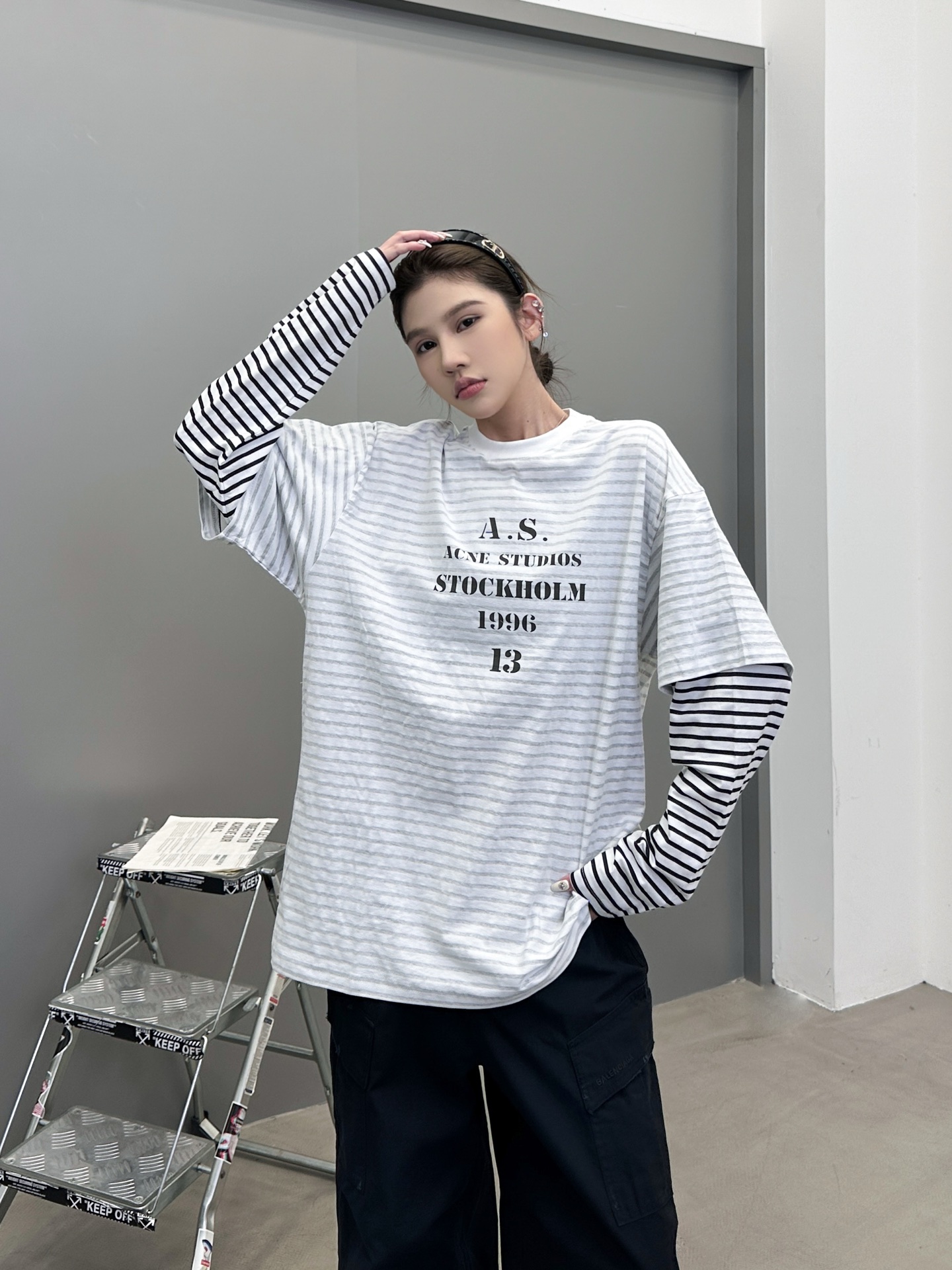 Acne ｜ 新款假两件长袖t，成衣洗水印花，坯布条纹印花工艺，假两件做工，男女同款，尺码sml