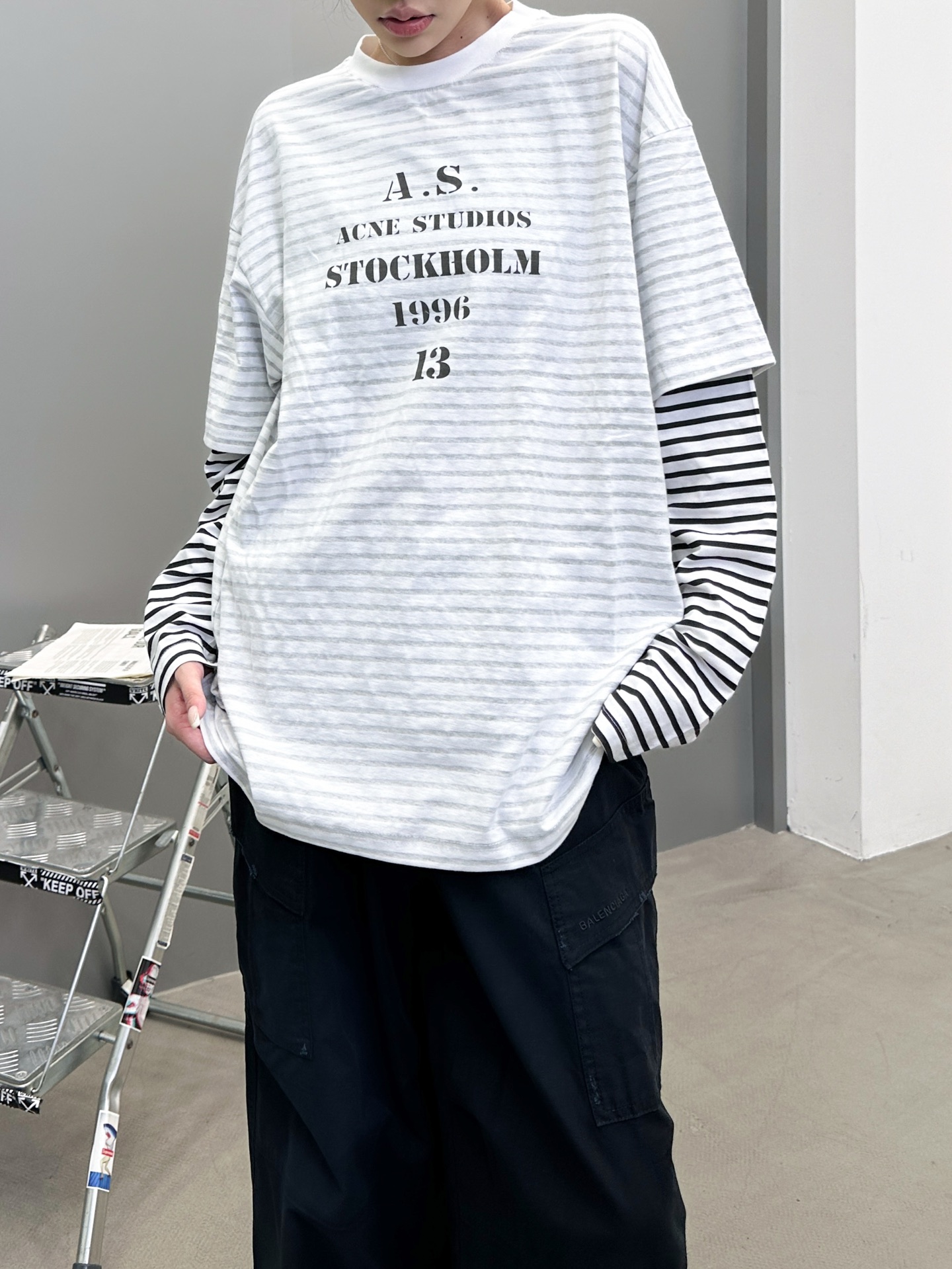 Acne ｜ 新款假两件长袖t，成衣洗水印花，坯布条纹印花工艺，假两件做工，男女同款，尺码sml