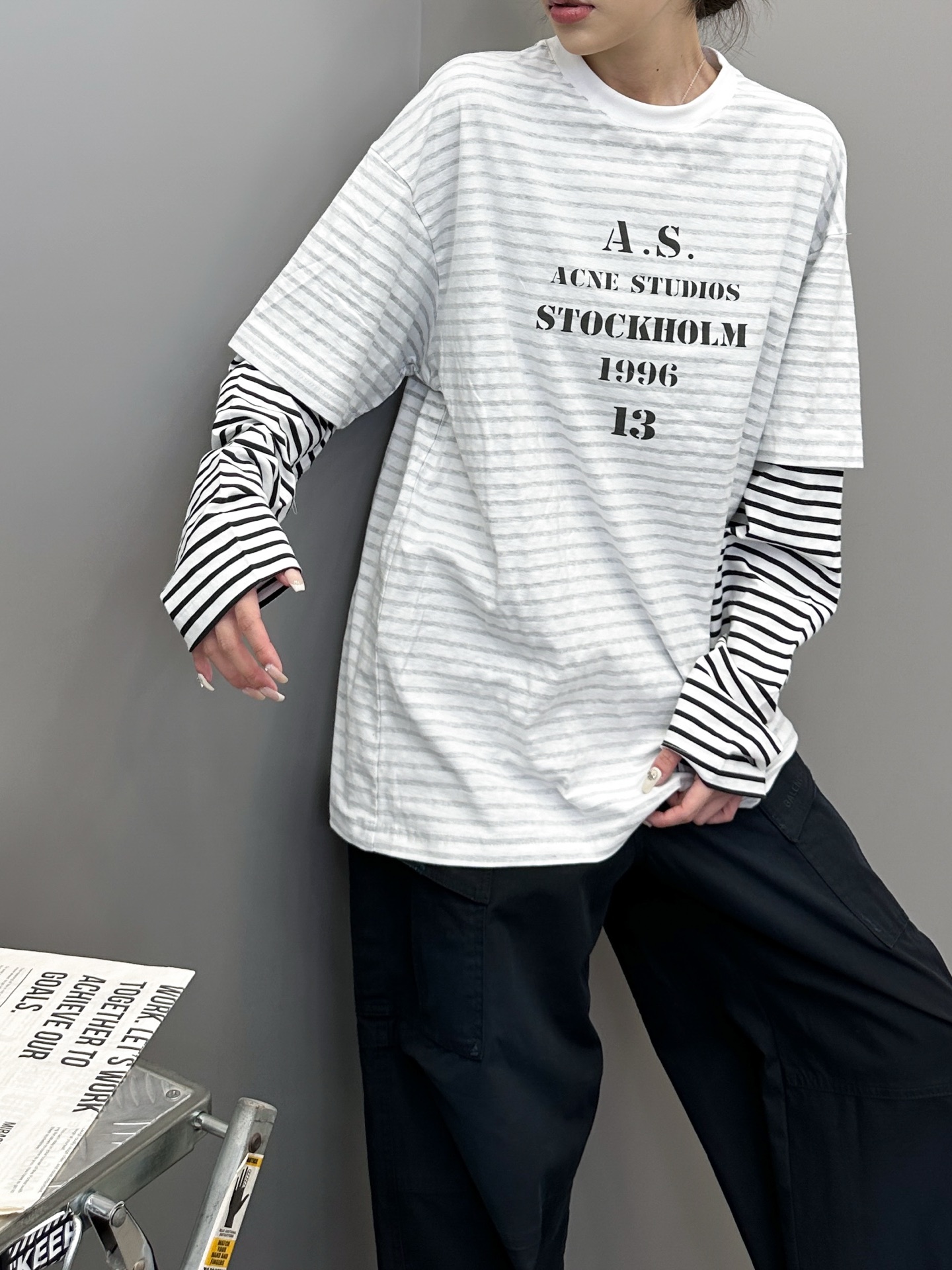 Acne ｜ 新款假两件长袖t，成衣洗水印花，坯布条纹印花工艺，假两件做工，男女同款，尺码sml