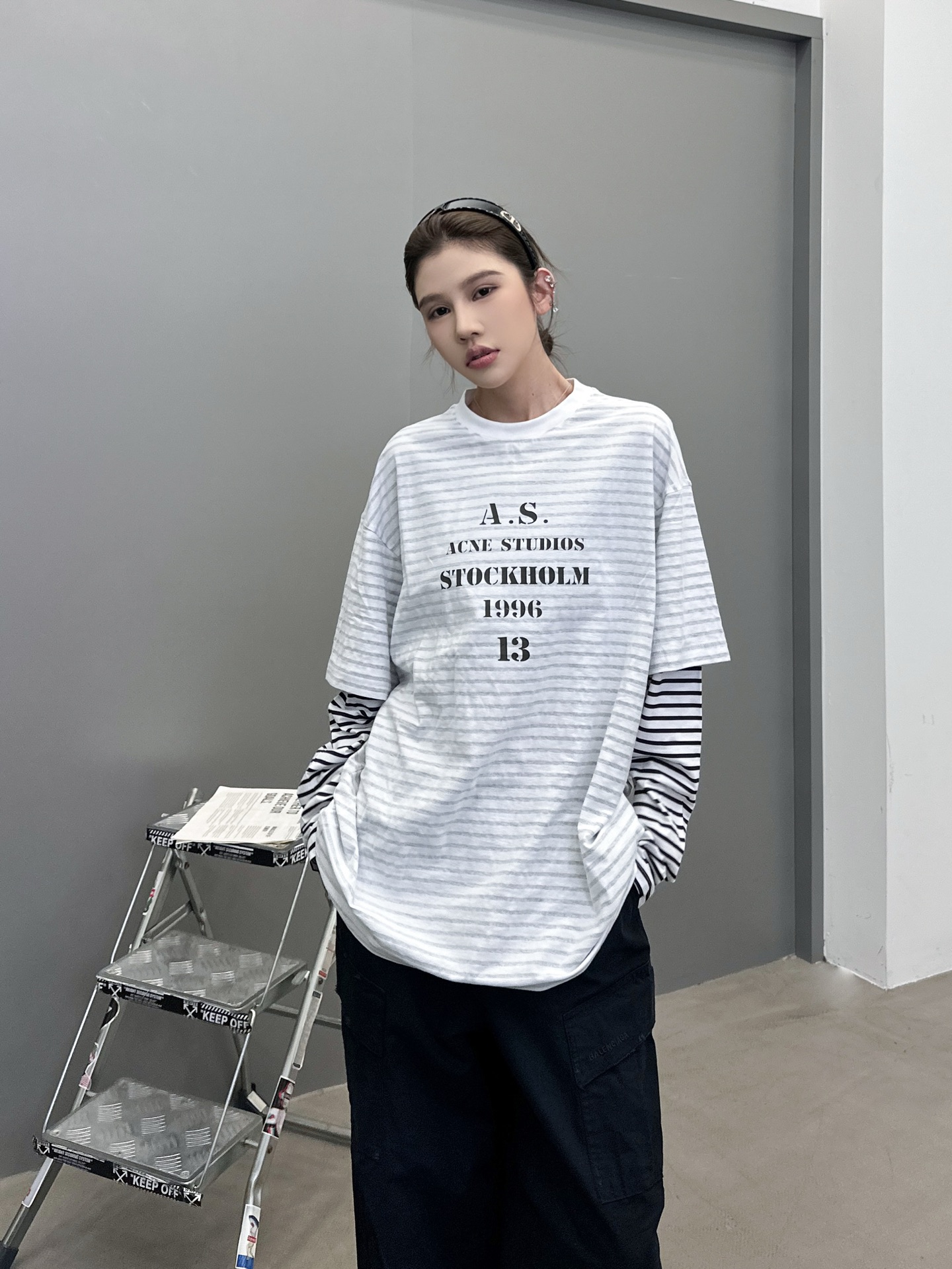 Acne ｜ 新款假两件长袖t，成衣洗水印花，坯布条纹印花工艺，假两件做工，男女同款，尺码sml