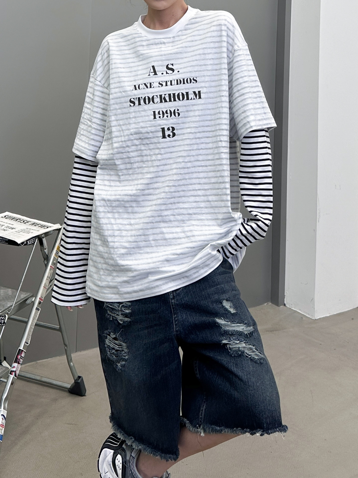 Acne ｜ 新款假两件长袖t，成衣洗水印花，坯布条纹印花工艺，假两件做工，男女同款，尺码sml