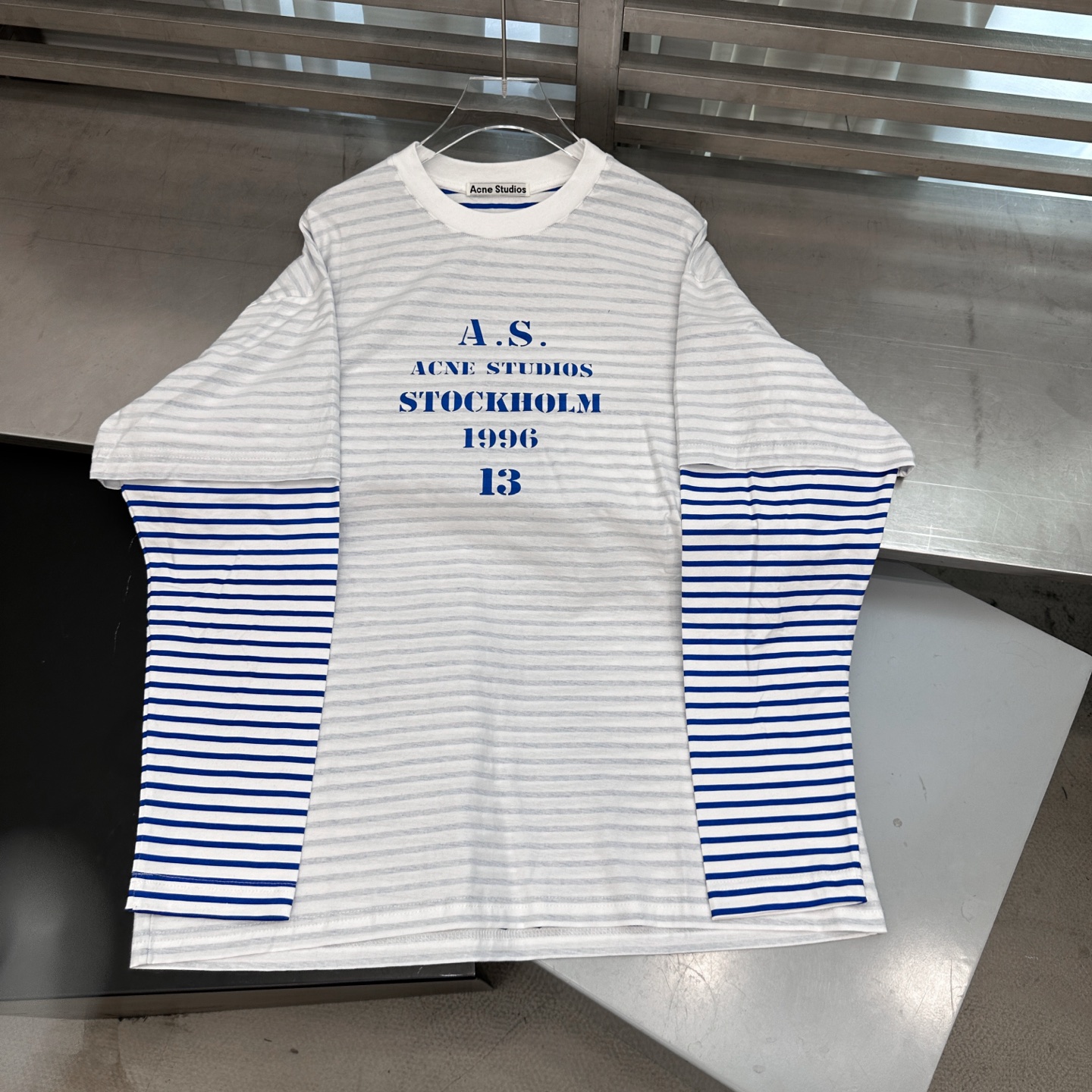 Acne ｜ 新款假两件长袖t，成衣洗水印花，坯布条纹印花工艺，假两件做工，男女同款，尺码sml