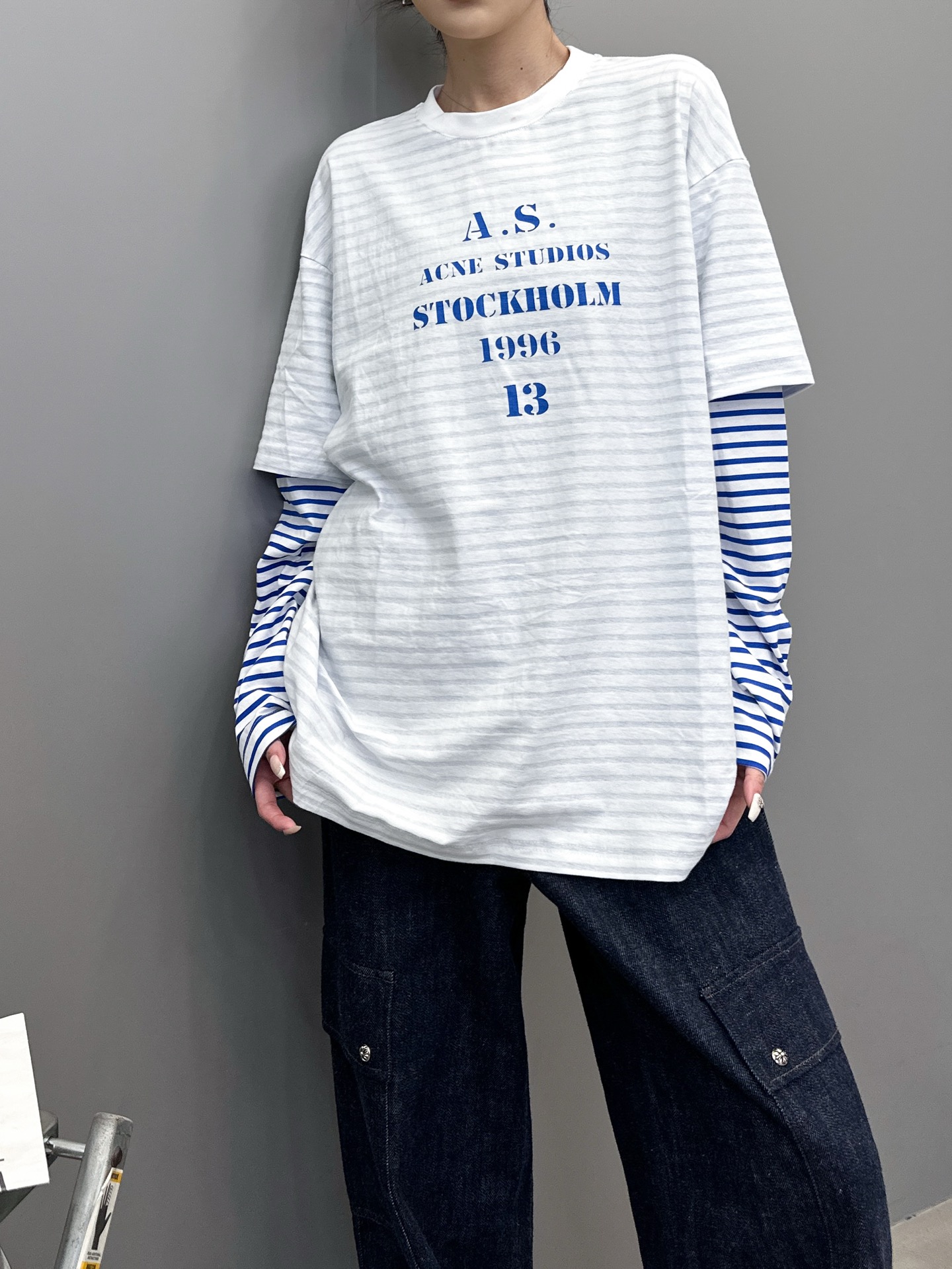 Acne ｜ 新款假两件长袖t，成衣洗水印花，坯布条纹印花工艺，假两件做工，男女同款，尺码sml