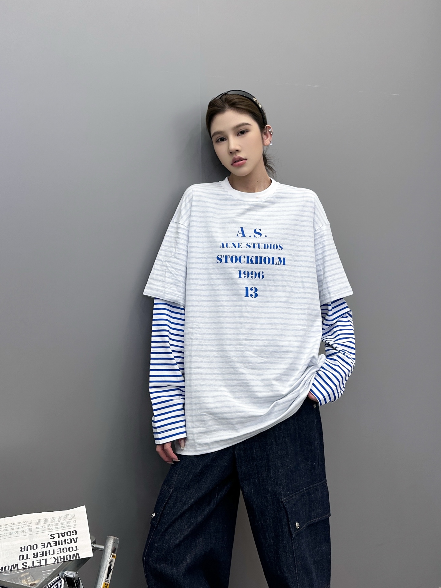 Acne ｜ 新款假两件长袖t，成衣洗水印花，坯布条纹印花工艺，假两件做工，男女同款，尺码sml