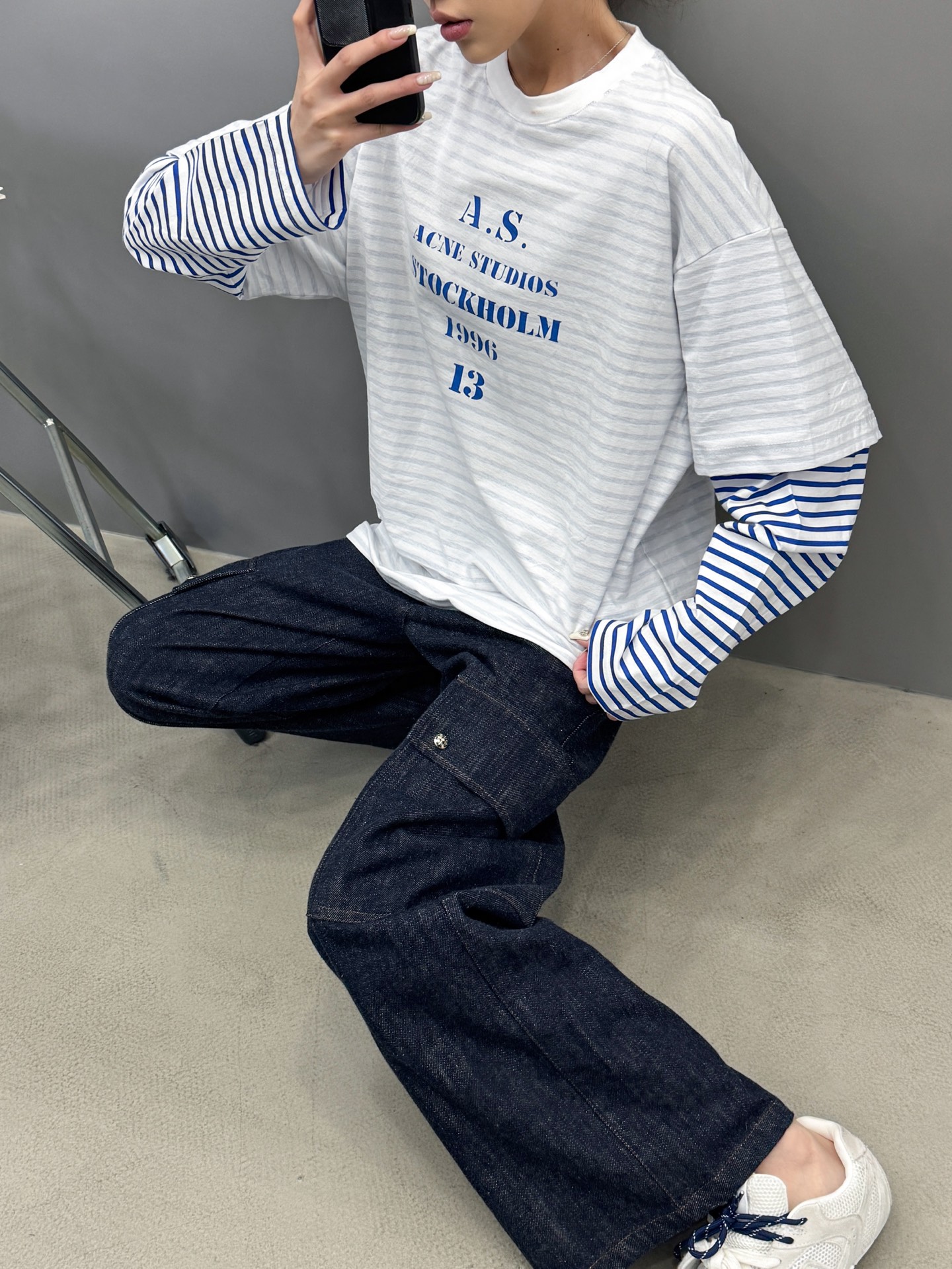 Acne ｜ 新款假两件长袖t，成衣洗水印花，坯布条纹印花工艺，假两件做工，男女同款，尺码sml