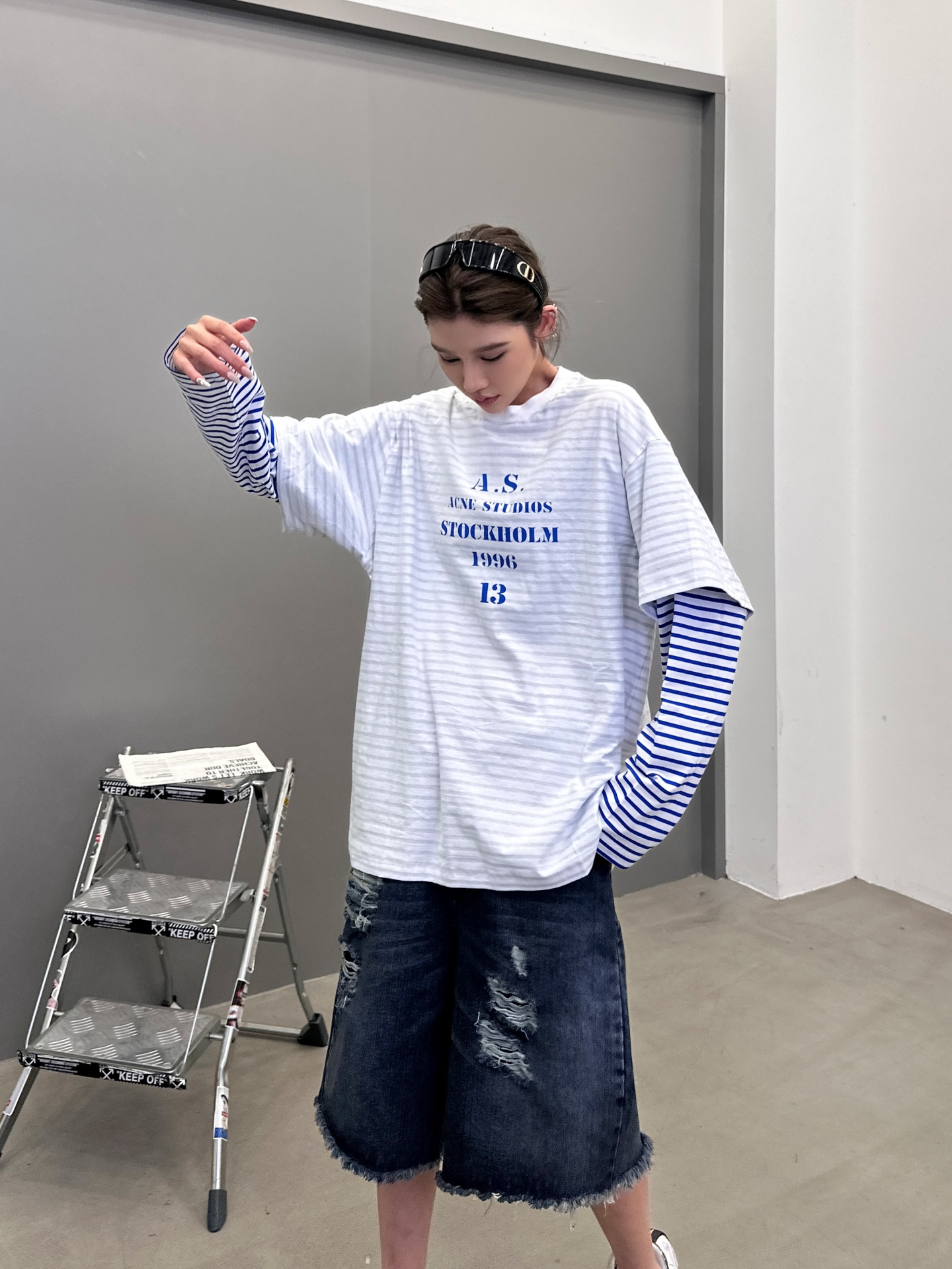 Acne ｜ 新款假两件长袖t，成衣洗水印花，坯布条纹印花工艺，假两件做工，男女同款，尺码sml