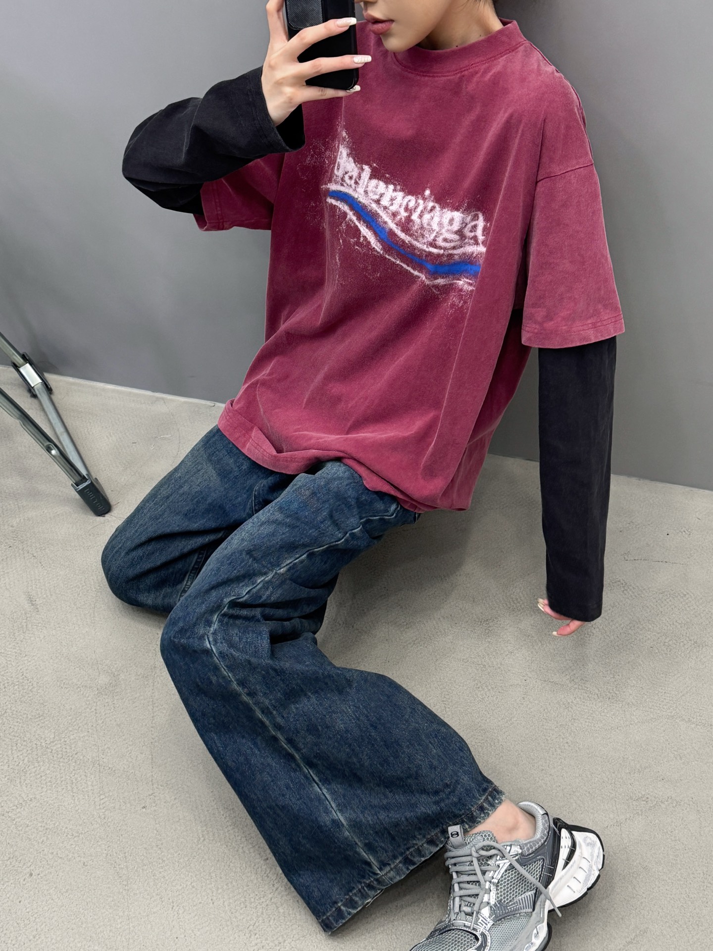 巴黎 ｜ 新款假两件长袖t，成衣洗水炒色加成衣前后印花工艺，假两件做工，男女同款，尺码sml