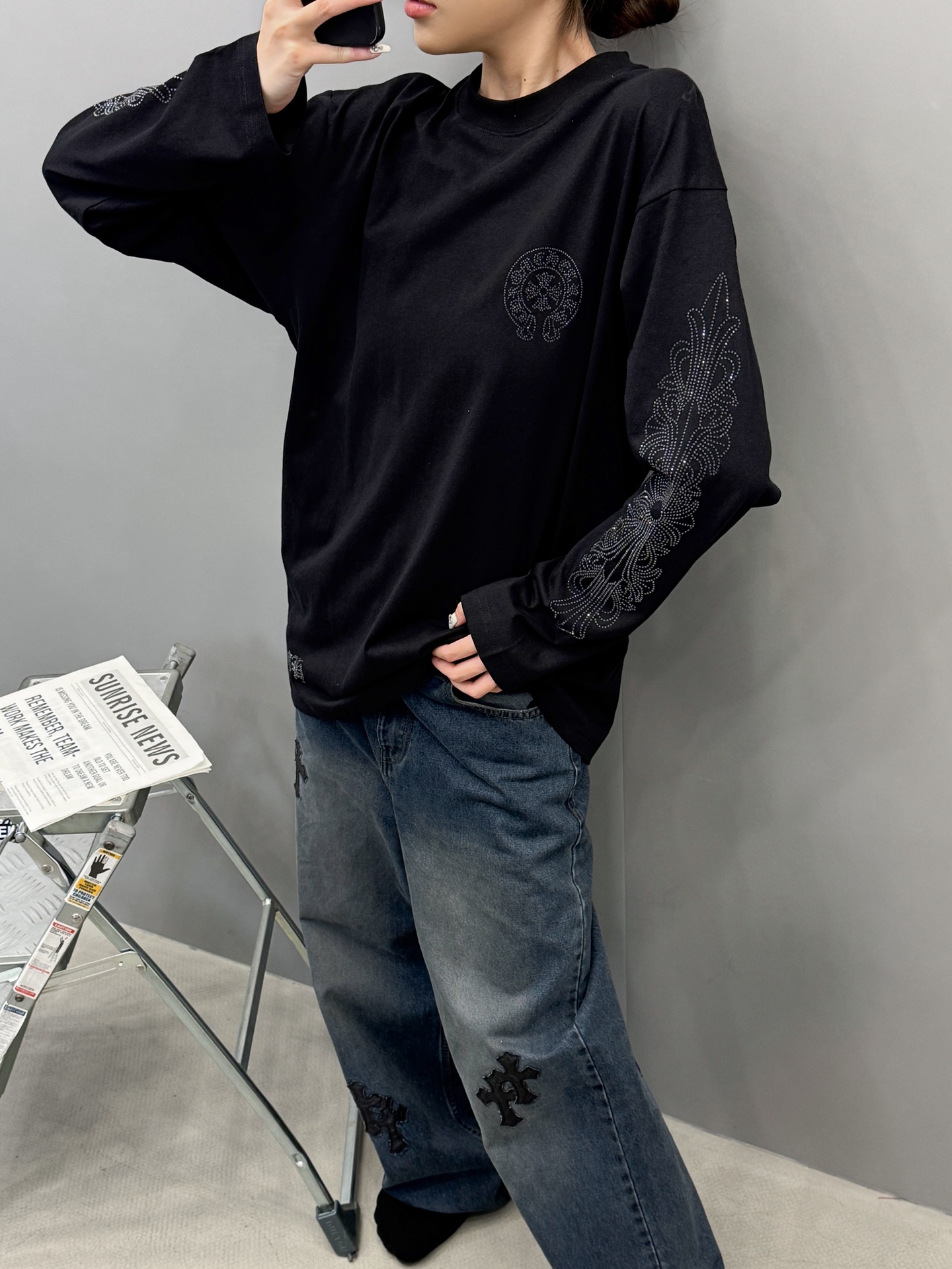 🆕克罗心 ｜ 新款长袖t，成衣洗水烫钻工艺，休闲时尚，尺码sml