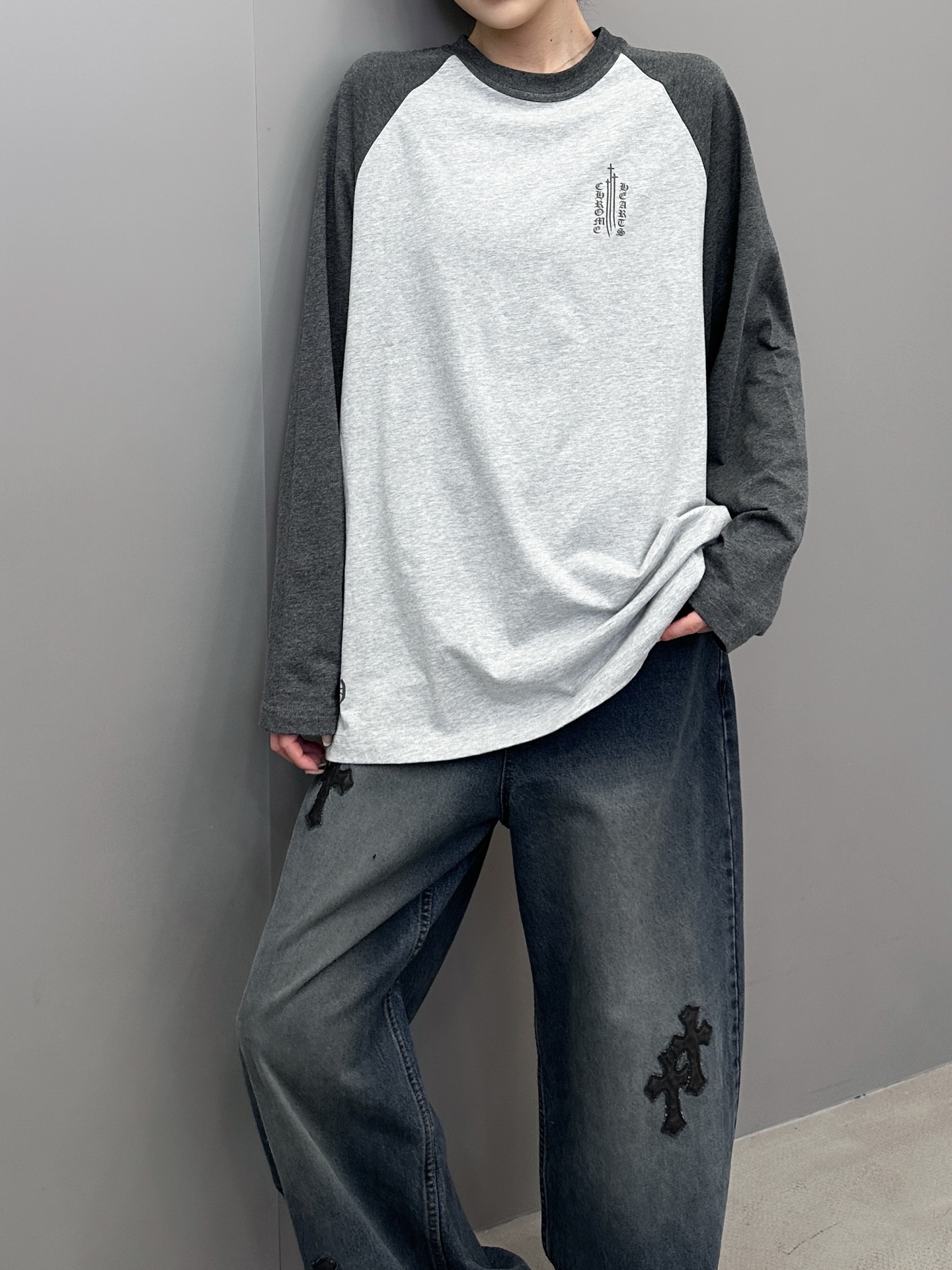 克罗心 ｜ 新款长袖t，成衣洗水多处印花工艺，拼接撞色款式，男女同款，尺码sml