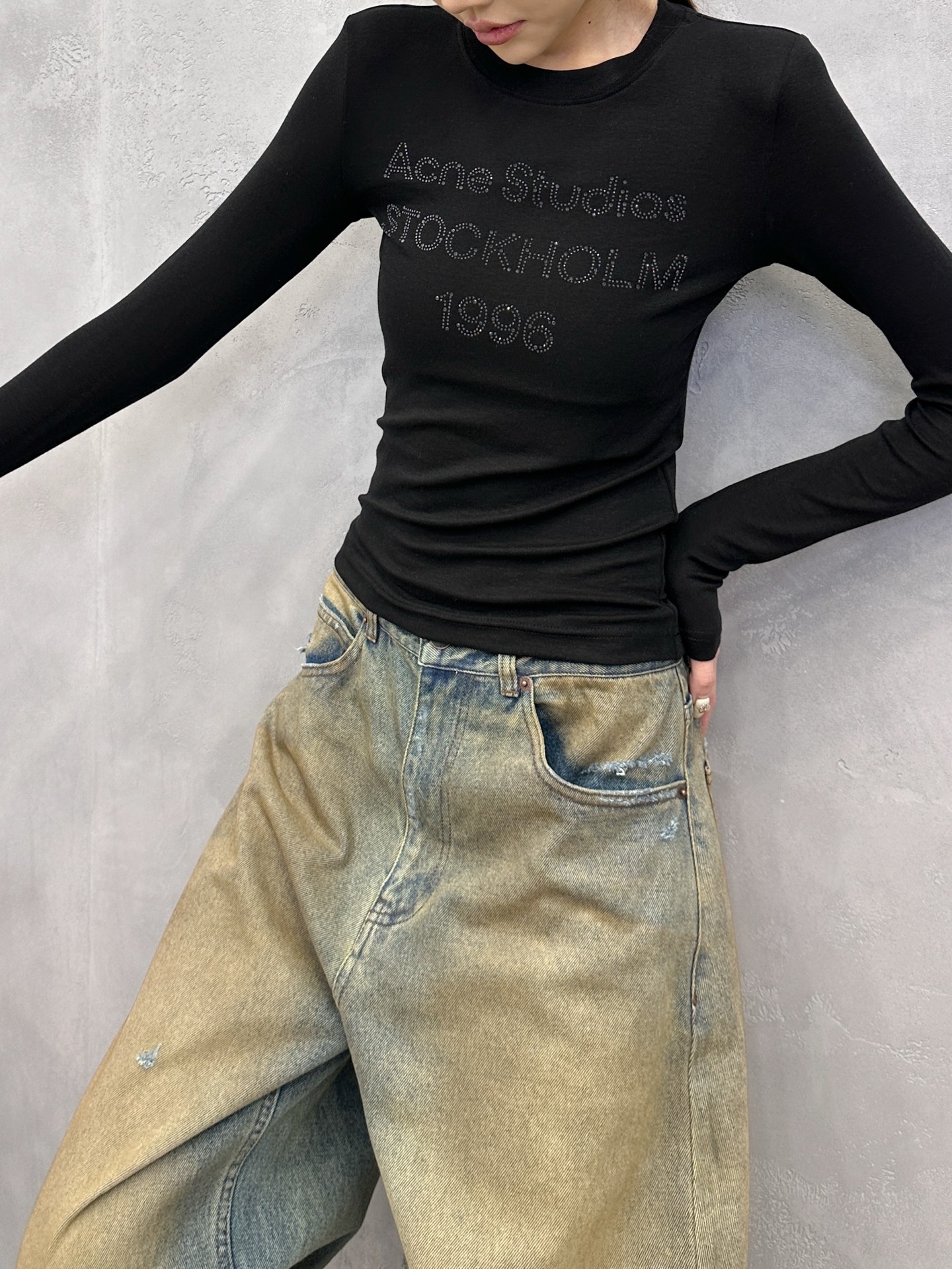 Acne ｜ 新款长袖打底，成衣洗水烫钻工艺，莱赛尔混纺面料，休闲时尚，尺码sml