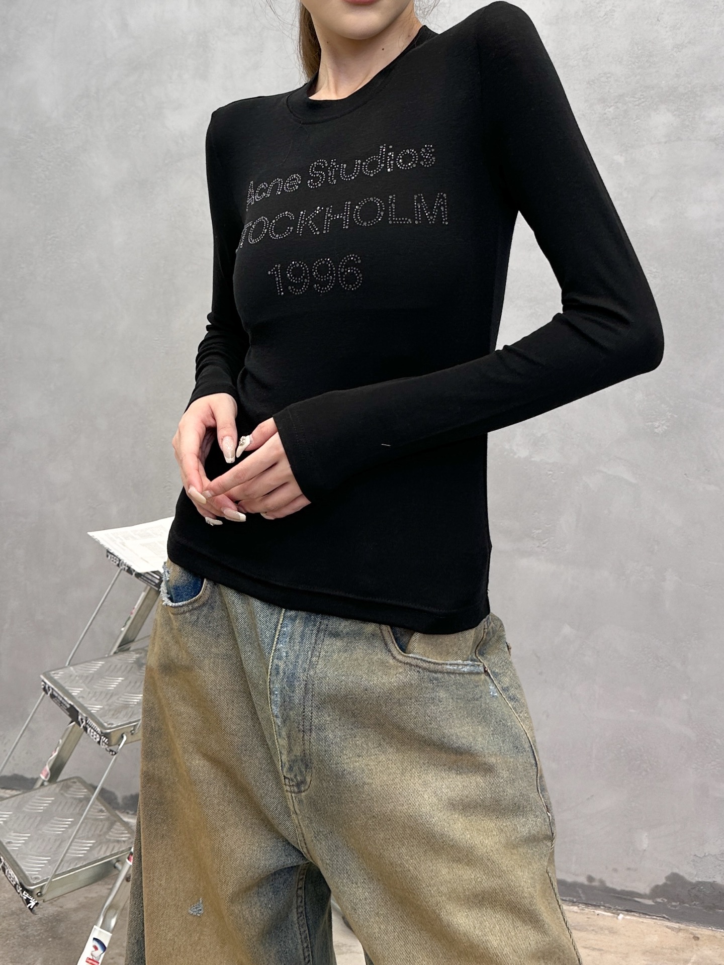 Acne ｜ 新款长袖打底，成衣洗水烫钻工艺，莱赛尔混纺面料，休闲时尚，尺码sml