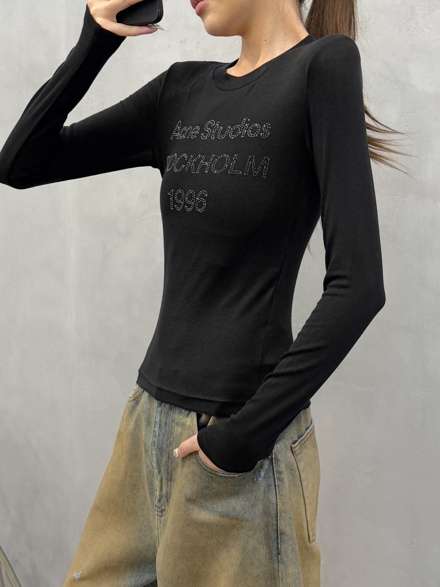 Acne ｜ 新款长袖打底，成衣洗水烫钻工艺，莱赛尔混纺面料，休闲时尚，尺码sml