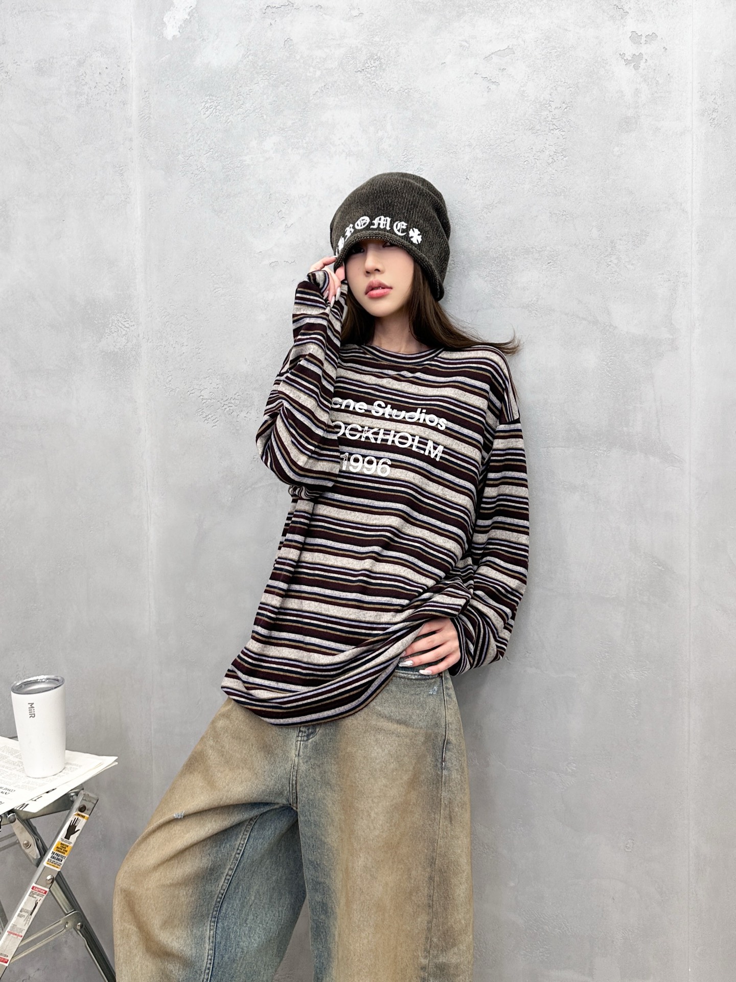 Acne ｜ 新款长袖t，成衣洗水印花工艺，特殊白色条纹织布面料，男女同款，尺码sml