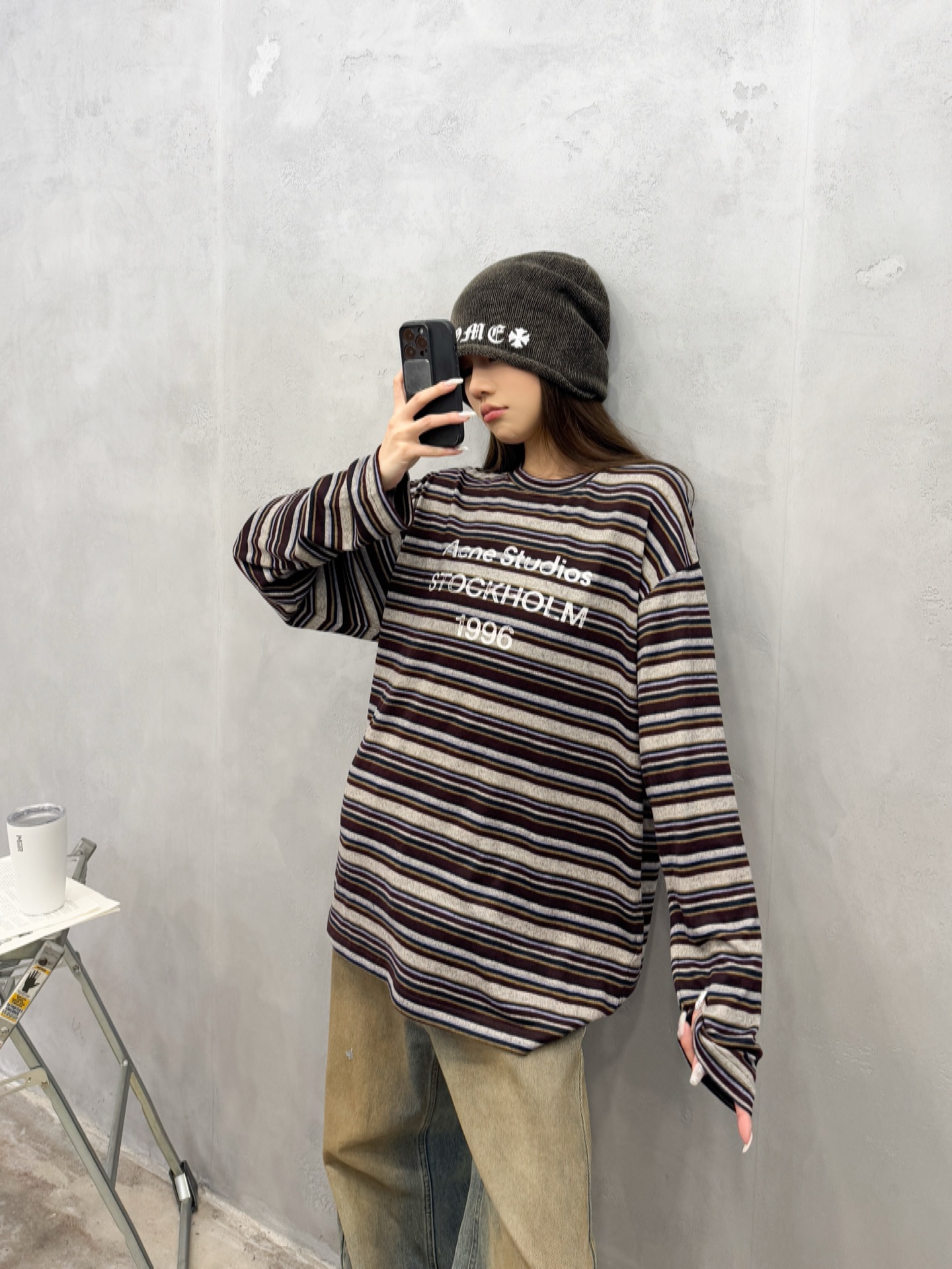 Acne ｜ 新款长袖t，成衣洗水印花工艺，特殊白色条纹织布面料，男女同款，尺码sml