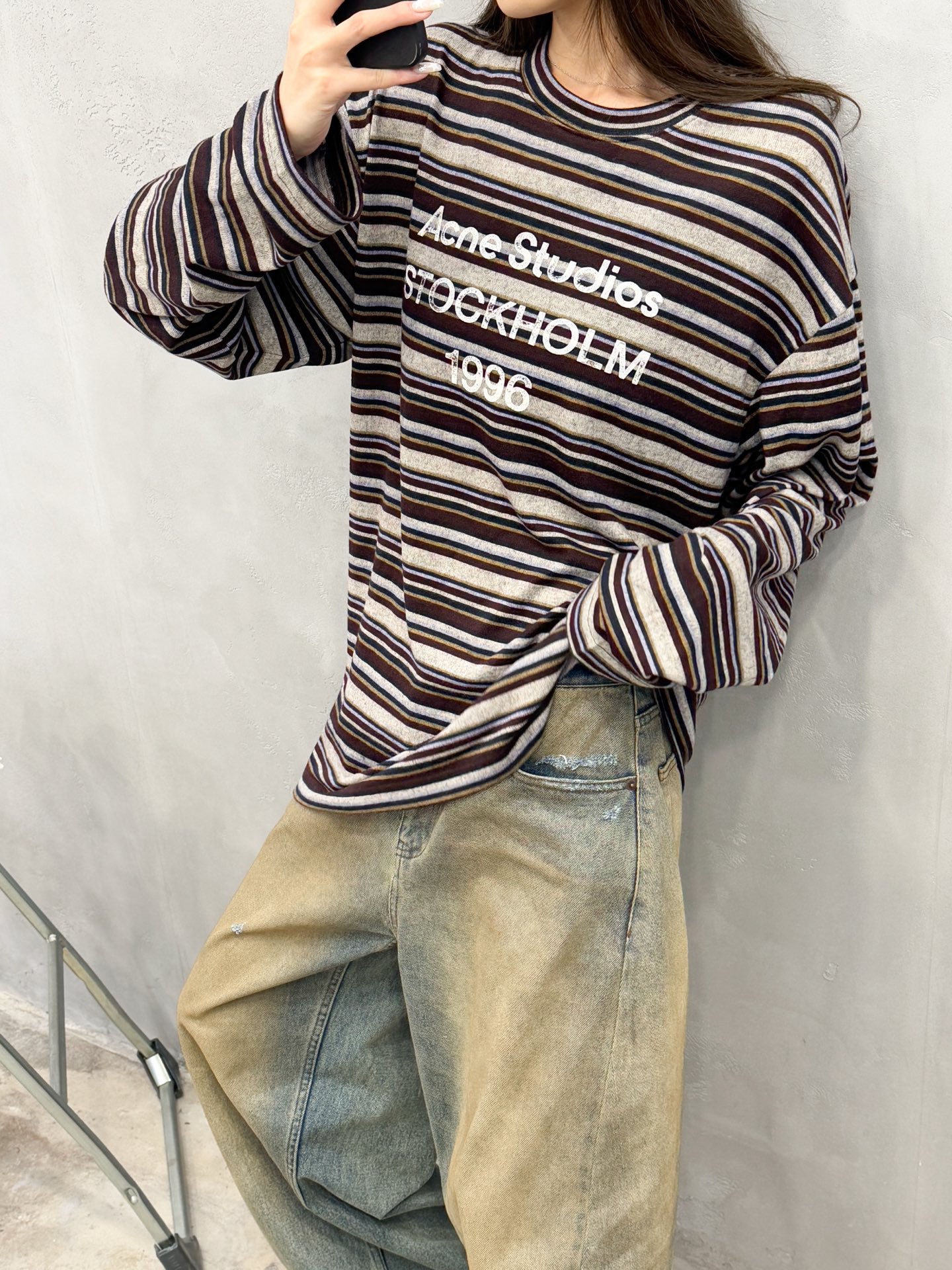 Acne ｜ 新款长袖t，成衣洗水印花工艺，特殊白色条纹织布面料，男女同款，尺码sml